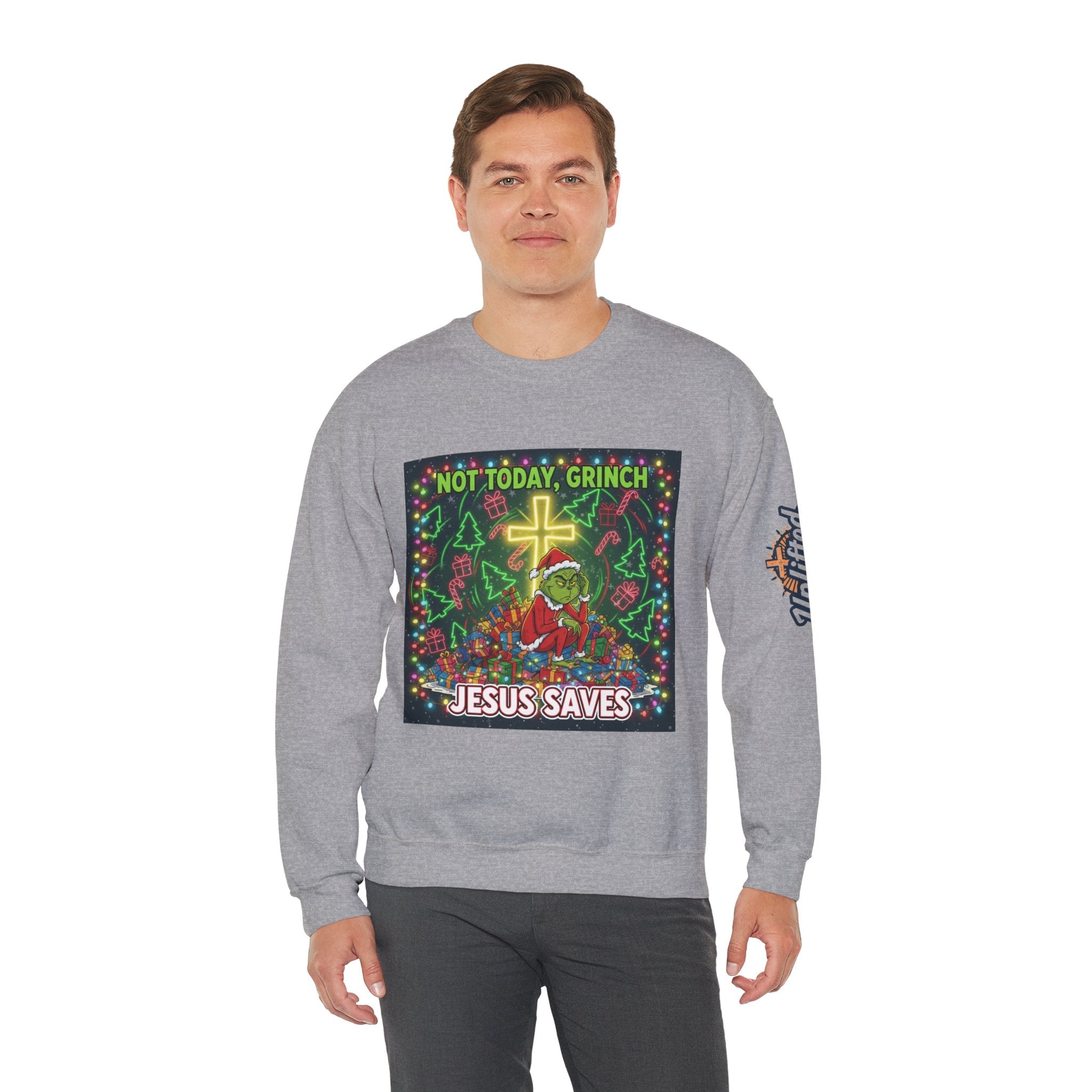 🎄 Not Today, Grinch – Jesus Saves | Funny Christian Christmas Sweatshirt | Festive Green & Red Cartoon Style | Bold Faith Holiday Tee by Uplifted Gear Printify