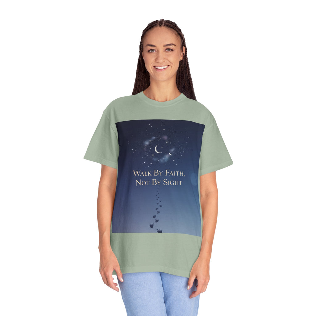 Walk by Faith, Not by Sight T-Shirt – Footprints in the Sand Christian Moonlit Tee Printify
