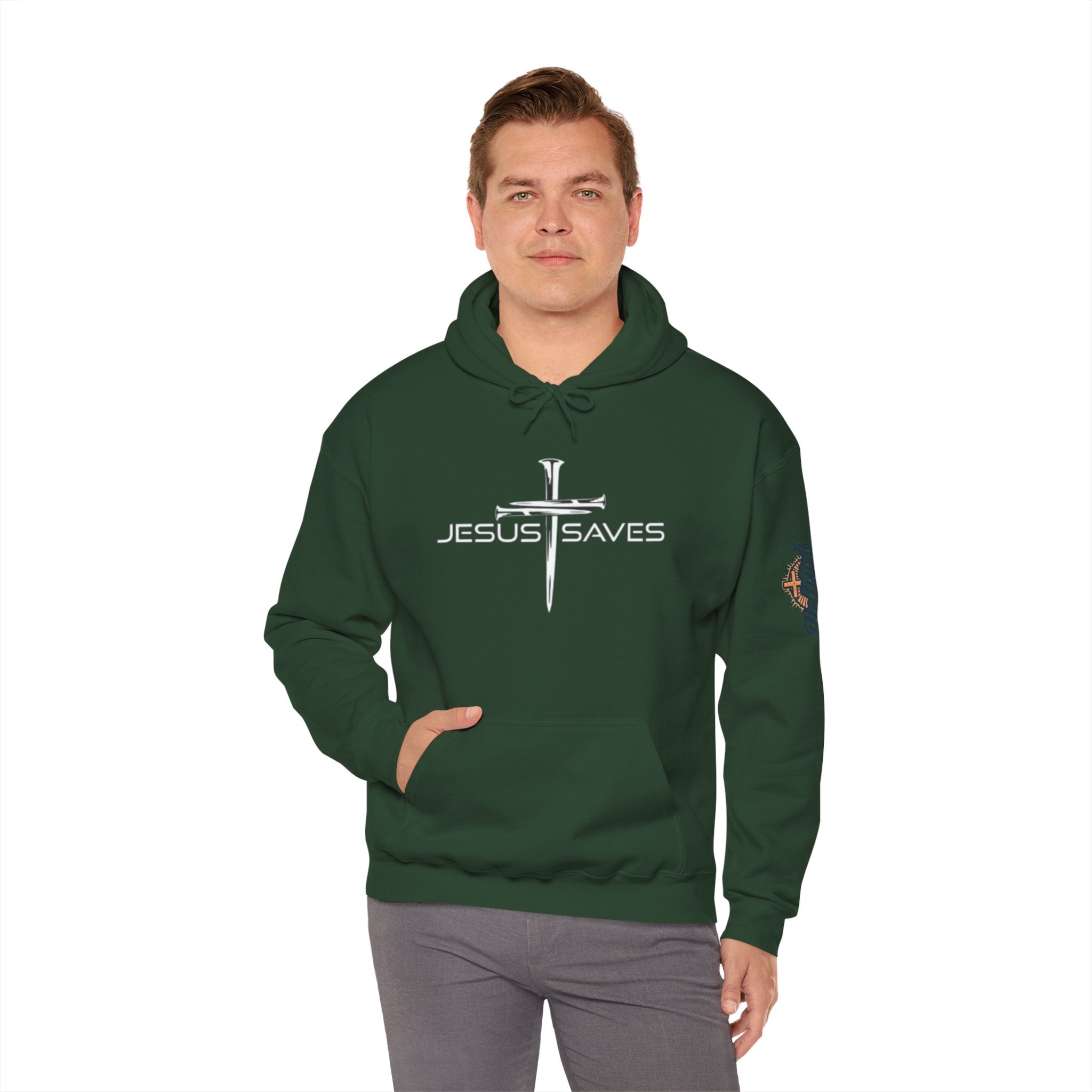 Jesus Saves Hoodie – 3 Nails Crucifix Cross Christian Sweatshirt for Redemption Faith & Bold Salvation Printify