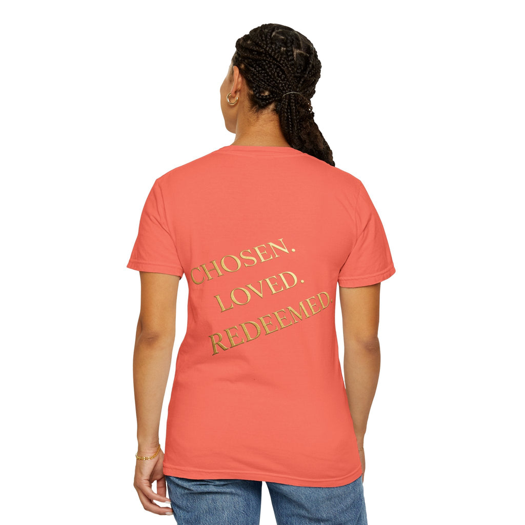 ✨ Chosen. Loved. Redeemed. – Elegant Christian T-Shirt | Gold Foil Faith Tee | Subtle Cross & Heart Design | Inspirational Bible Verse Apparel by Uplifted Gear Printify