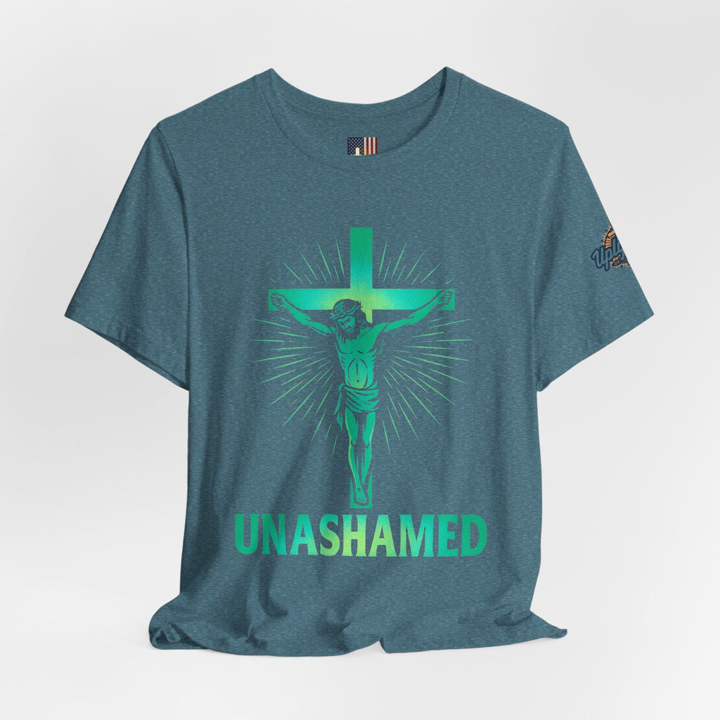 Unashamed T-shirt – Romans 1:16 Crucifixion Christian t-shirt for Bold Unwavering Faith Printify