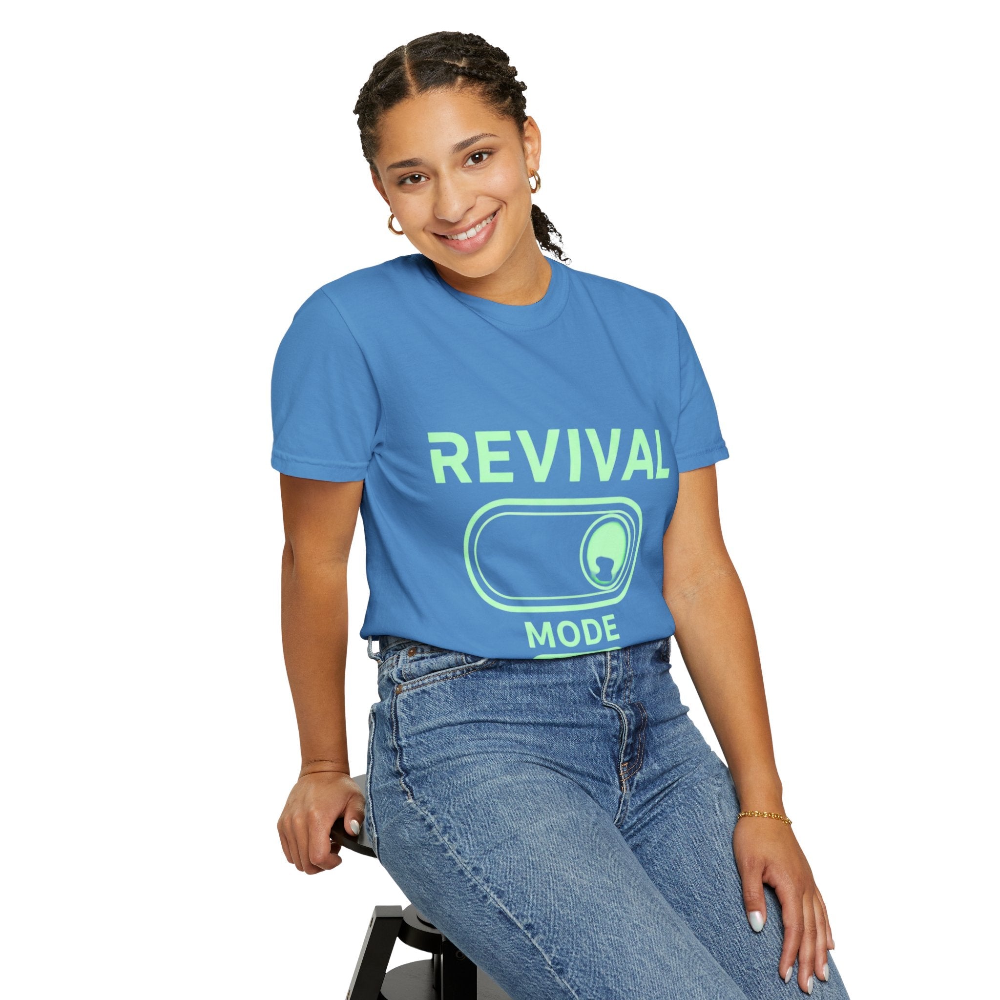 🔥 Revival Mode: ON – Christian Techwear T-Shirt | Glowing Green Faith Switch | Futuristic Jesus Shirt | Activate Your Spiritual Awakening | Uplifted Gear Printify