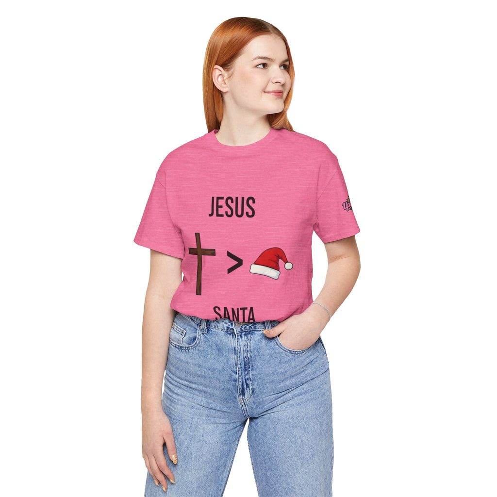 🎄 Jesus > Santa – Minimalist Christian Christmas T-Shirt | Bold Faith Over Holiday Tee | Cross vs Santa Hat Design | Uplifted Gear Printify