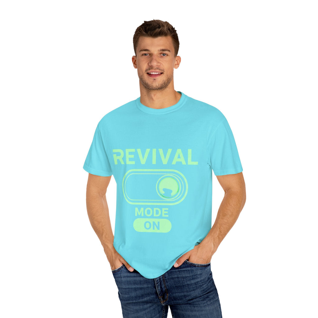 🔥 Revival Mode: ON – Christian Techwear T-Shirt | Glowing Green Faith Switch | Futuristic Jesus Shirt | Activate Your Spiritual Awakening | Uplifted Gear Printify
