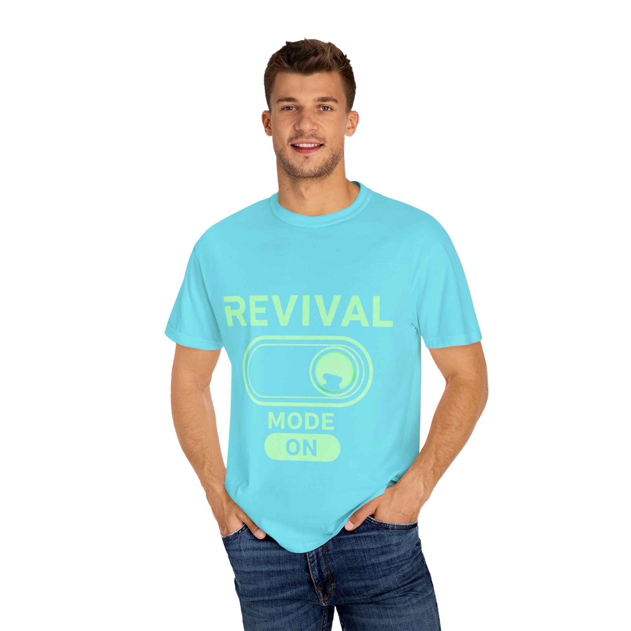 🔥 Revival Mode: ON – Christian Techwear T-Shirt | Glowing Green Faith Switch | Futuristic Jesus Shirt | Activate Your Spiritual Awakening | Uplifted Gear Printify