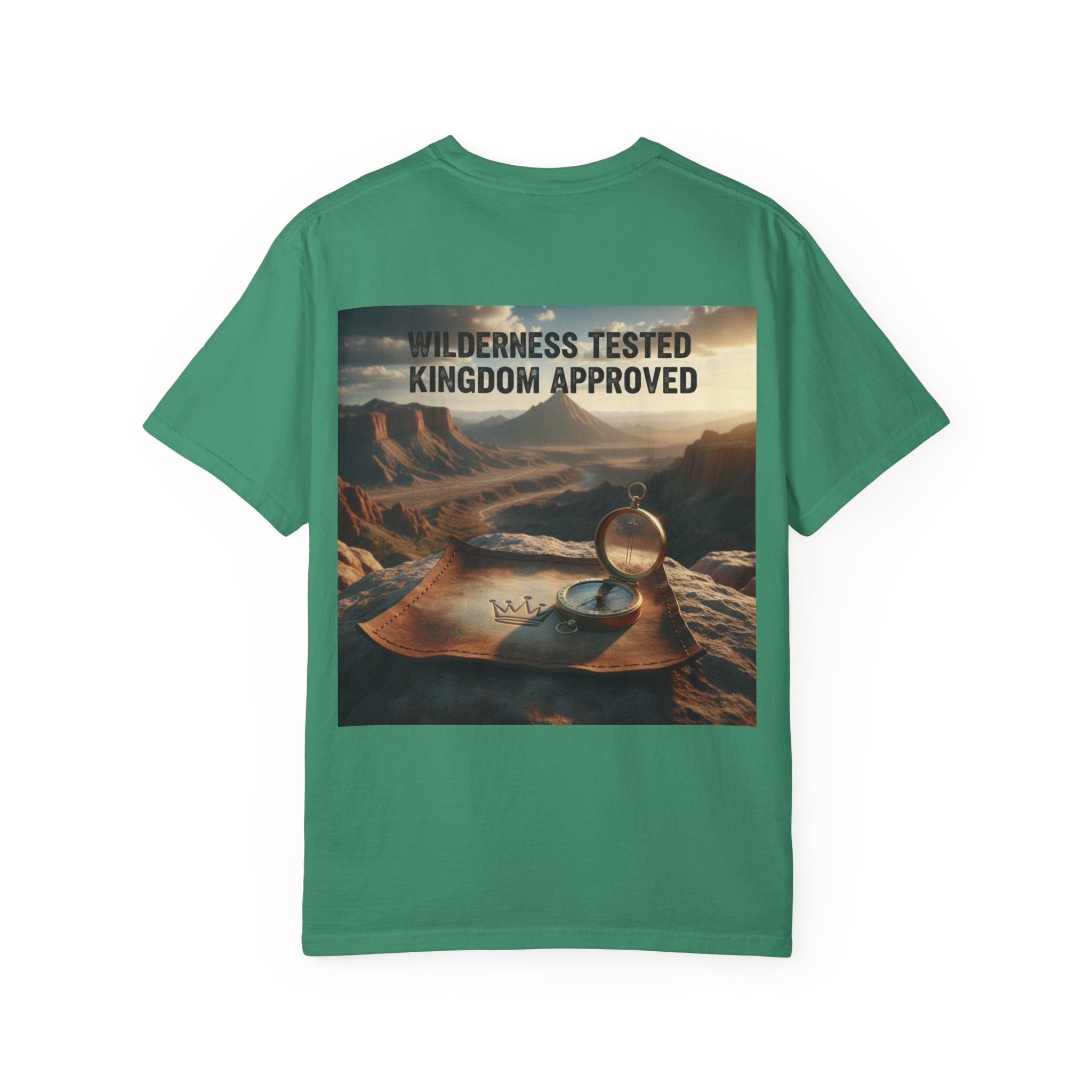 Wilderness Tested Kingdom Approved T-shirt – Mountain Desert Compass Crown Christian T-shirt for Biblical Adventure Faith Printify