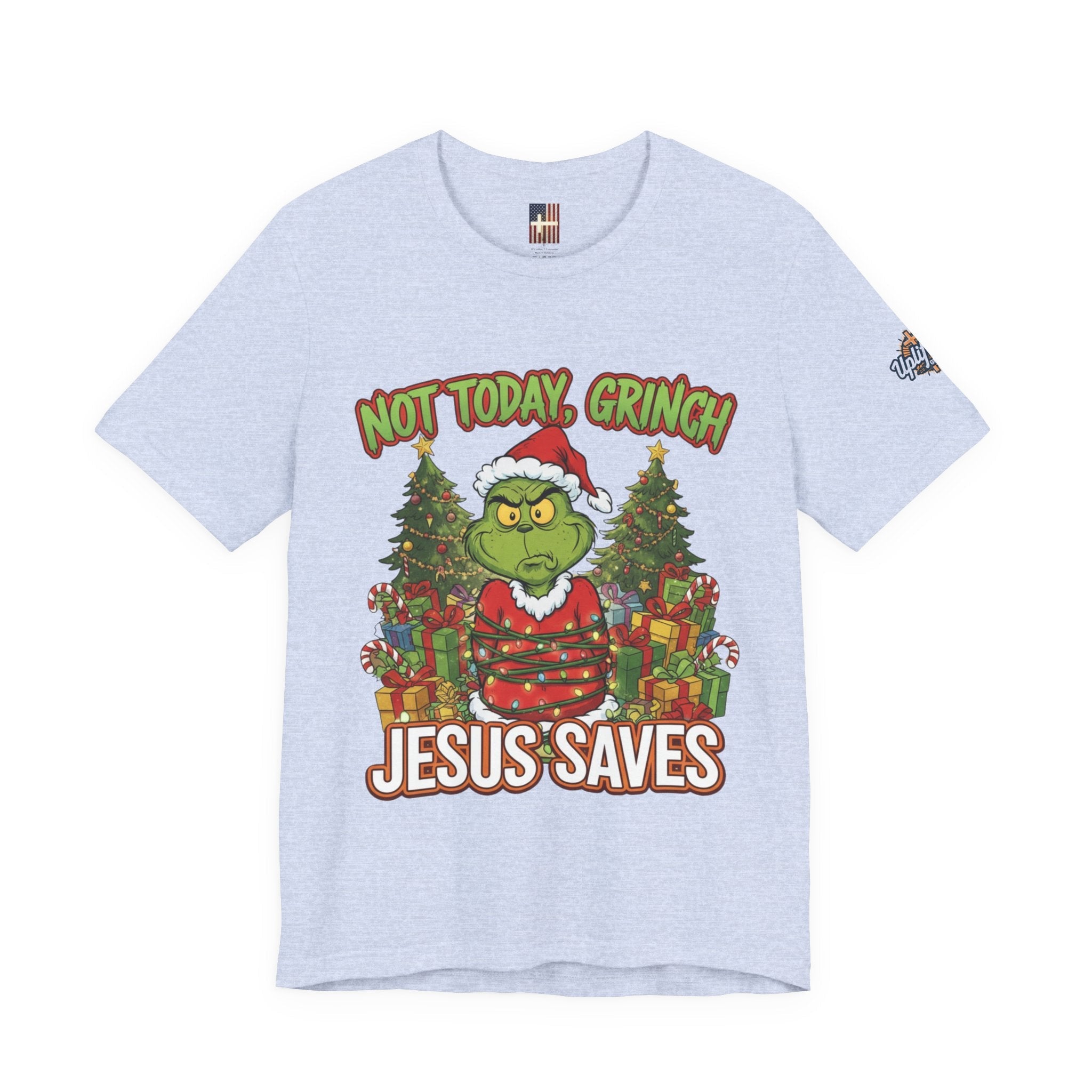 🎄 Not Today, Grinch – Jesus Saves | Funny Christian Christmas T-Shirt | Sulking Grinch & Glowing Cross | Bold Neon Faith Tee by Uplifted Gear Printify