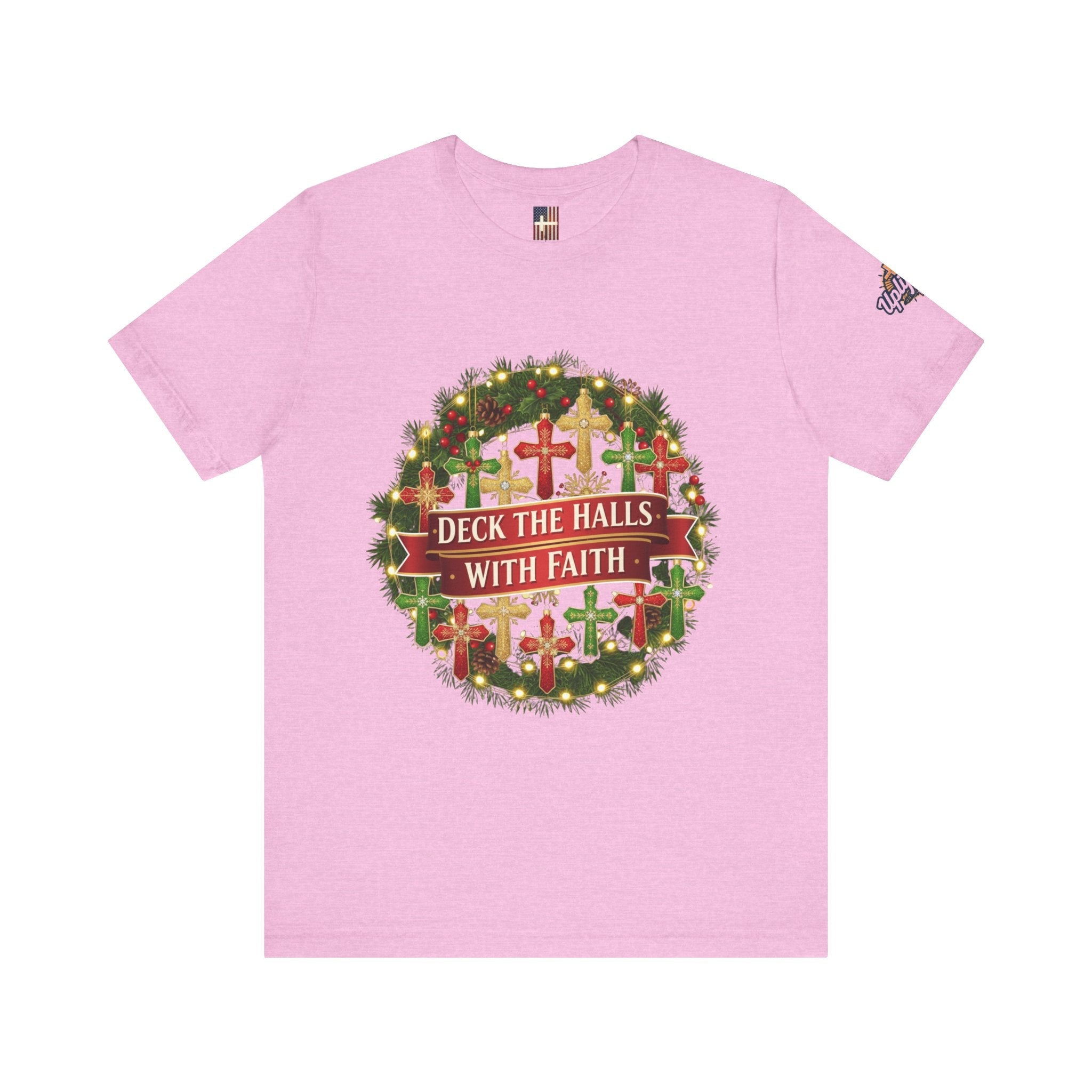 🎄 Deck the Halls with Faith – Christian Christmas T-Shirt | Cross Ornament Design & Festive Garland | Bold Holiday Faith Tee by Uplifted Gear Printify