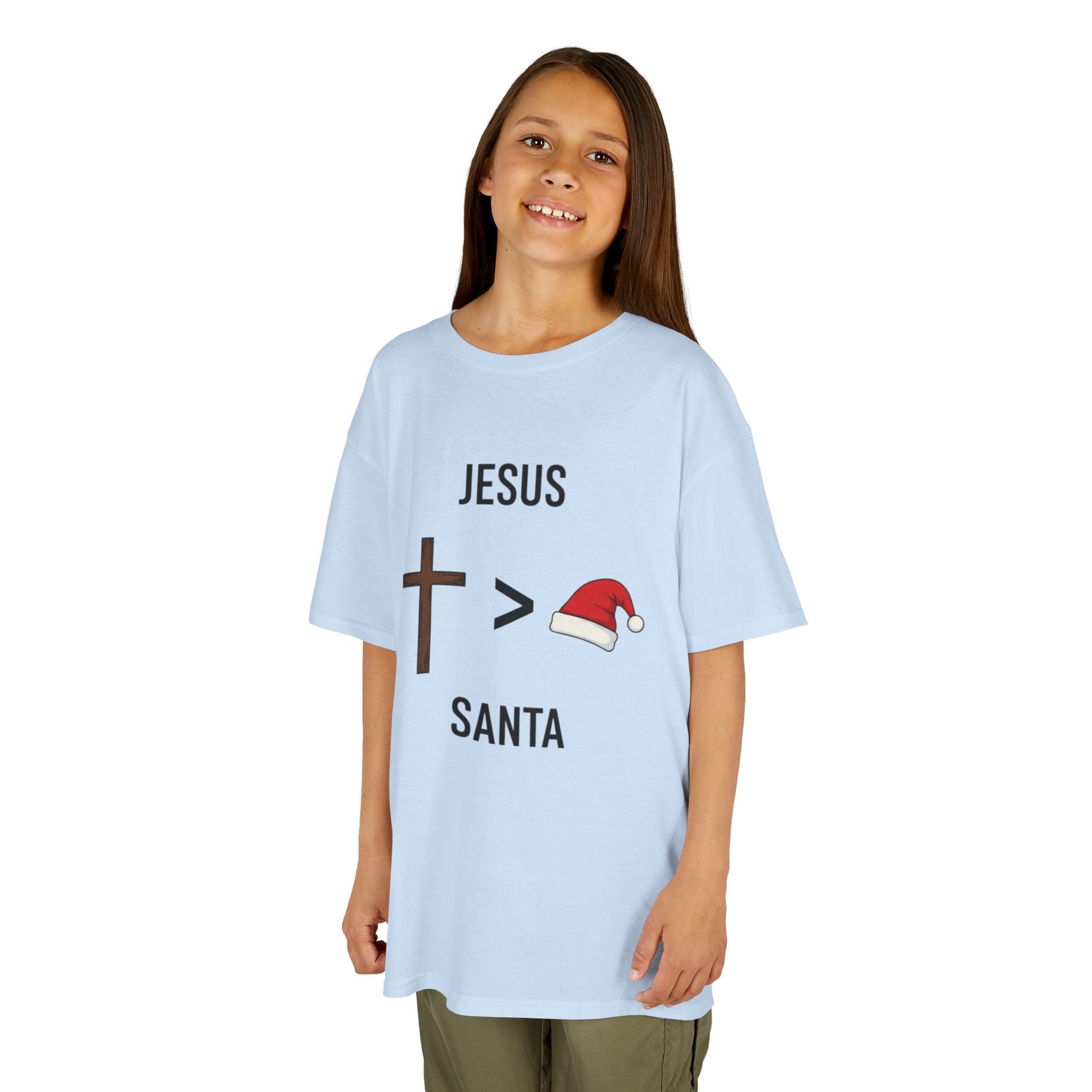 🎄 Jesus > Santa – Minimalist Christian Christmas Kids T-Shirt | Bold Faith Over Holiday Tee | Cross vs Santa Hat Design | Uplifted Gear Printify
