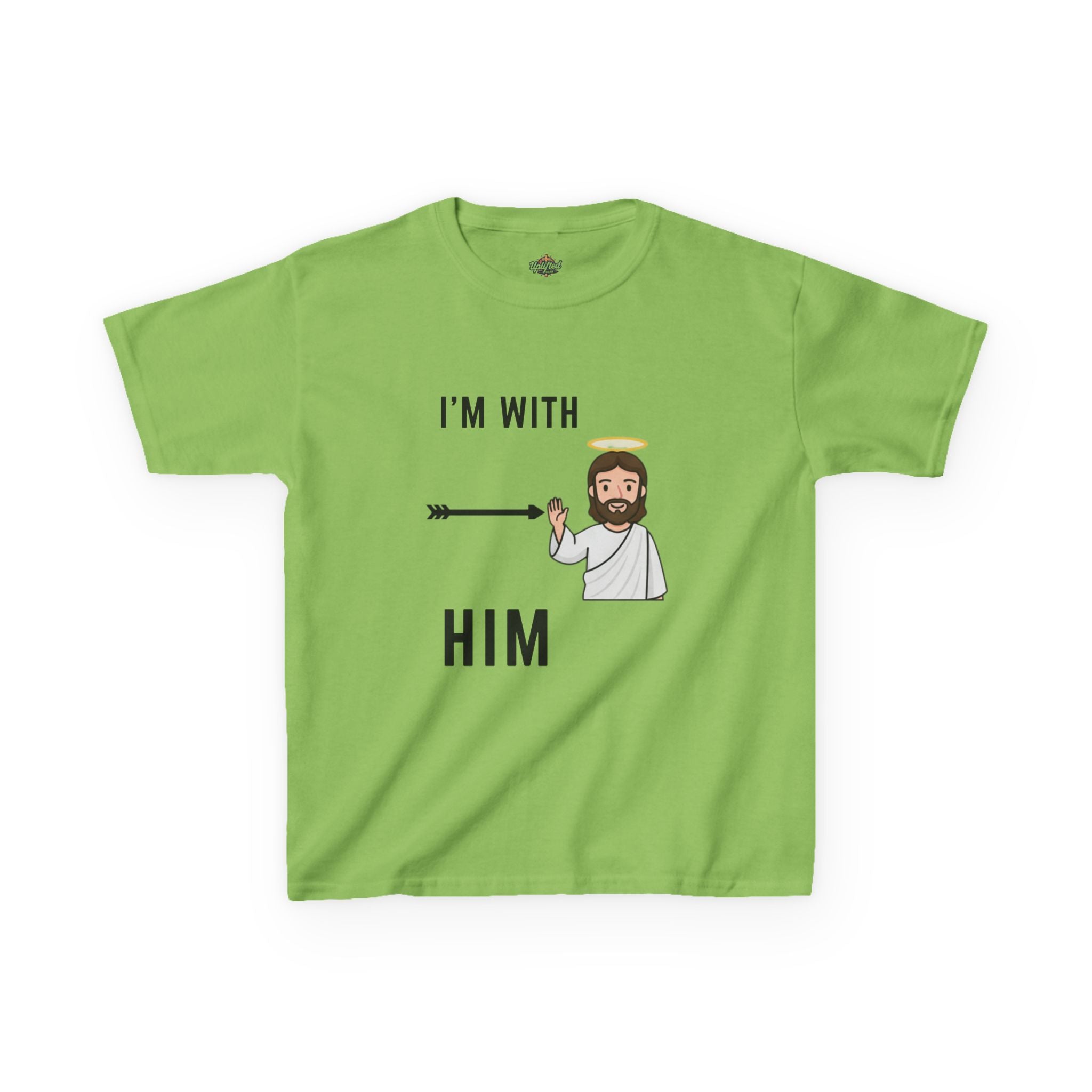 🔥 I’m With Him → Christian Kids T-Shirt | Arrow Pointing to Jesus | Minimalist Faith Tee | Subtle Cross Design | Bible-Inspired Apparel by Uplifted Gear Printify