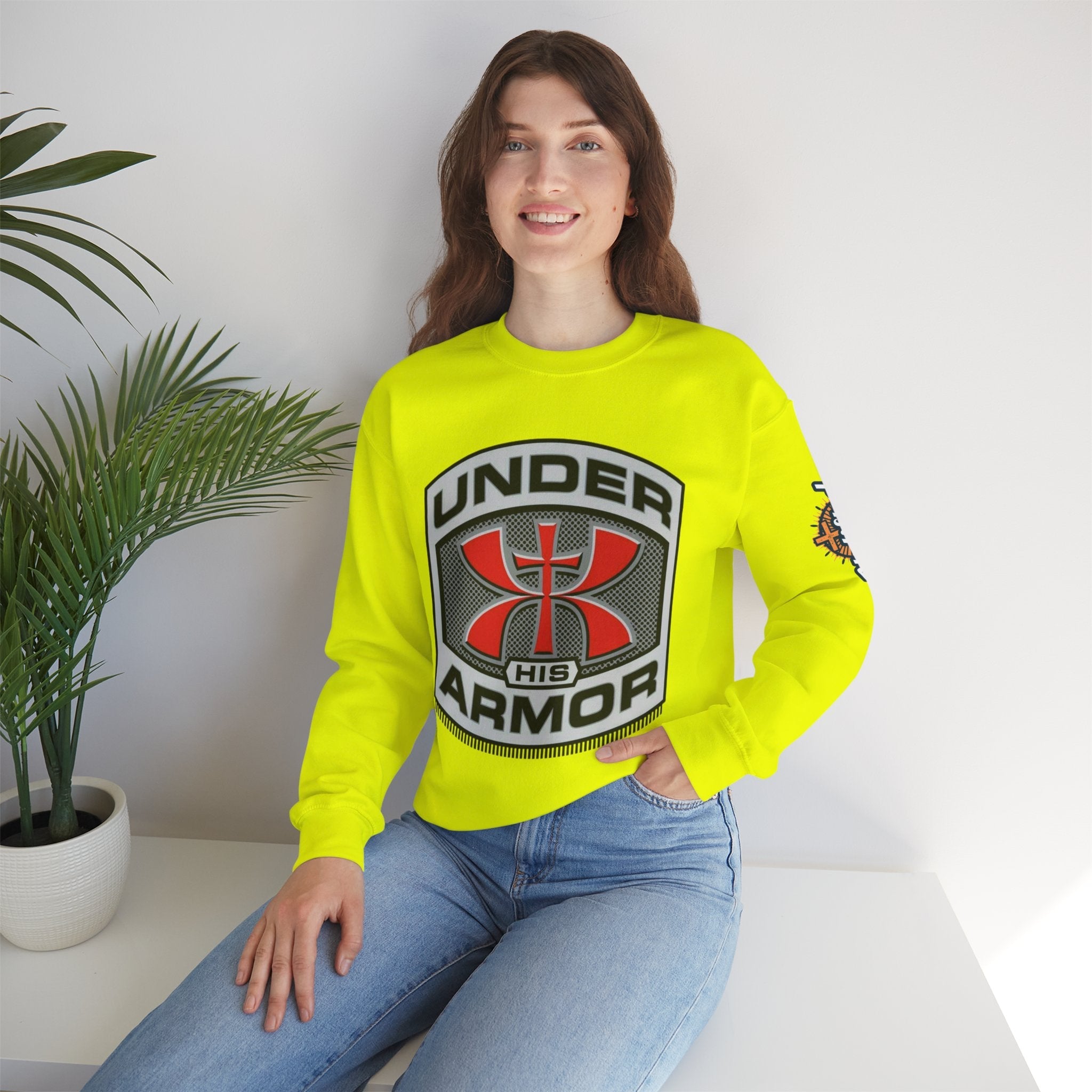 Under His Armor Crewneck Sweatshirt — Christian Faith Graphic Pullover Printify