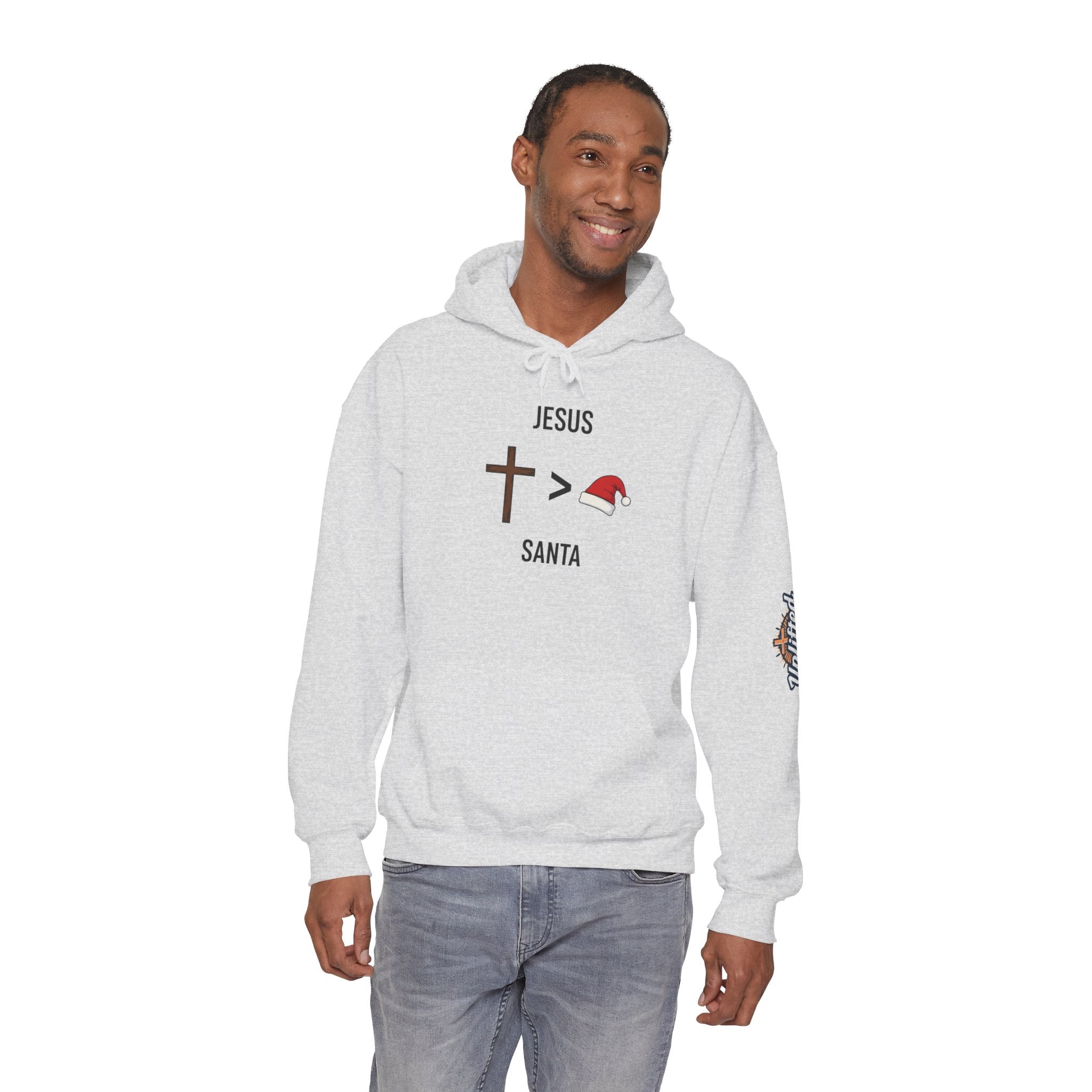 🎄 Jesus > Santa – Minimalist Christian Christmas Hoodie | Bold Faith Over Holiday Tee | Cross vs Santa Hat Design | Uplifted Gear Printify