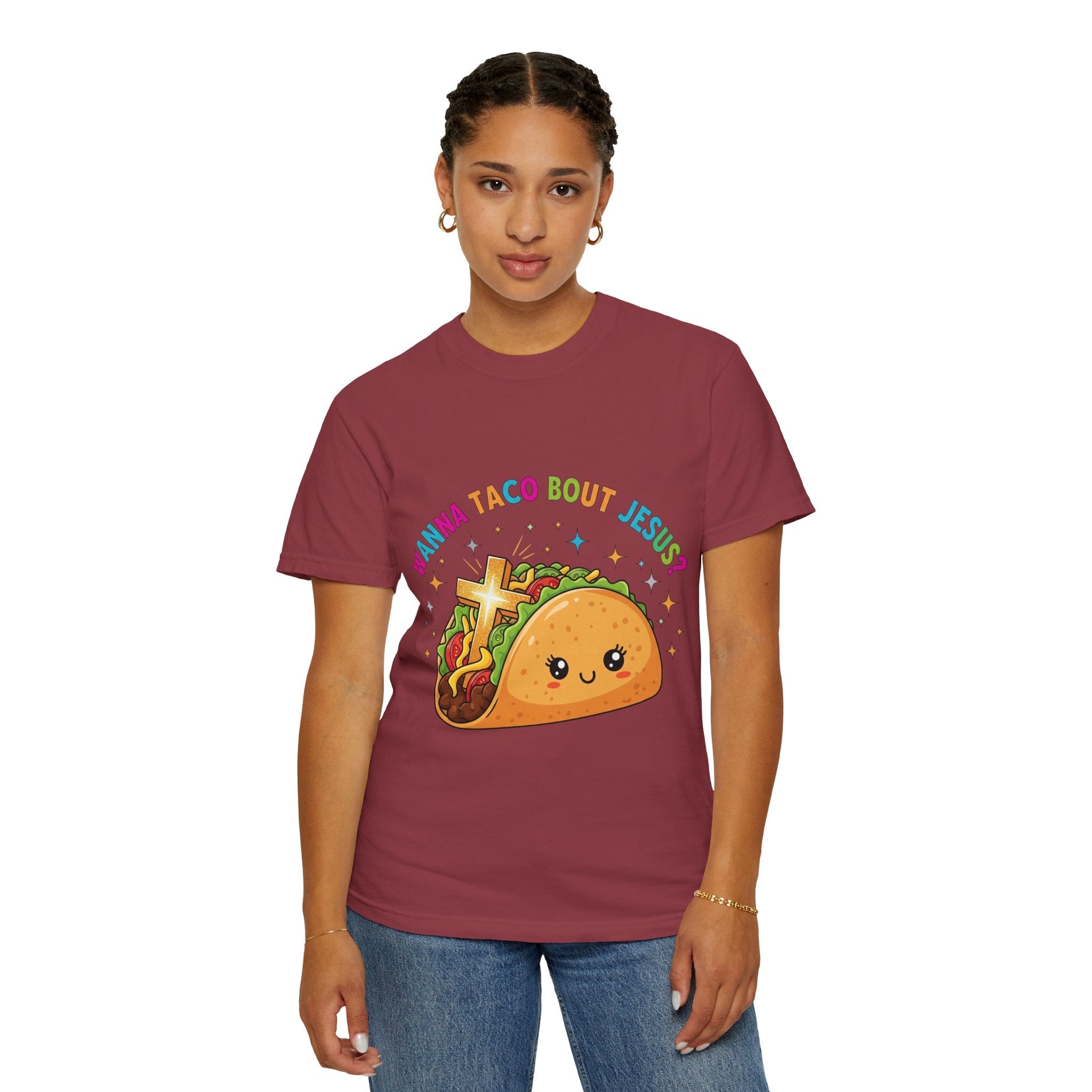 Wanna Taco 'Bout Jesus? Funny Christian Pun T-Shirt – Lettuce Pray & Share Faith! Printify