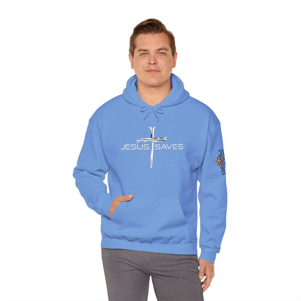 Jesus Saves Hoodie – 3 Nails Crucifix Cross Christian Sweatshirt for Redemption Faith & Bold Salvation Printify