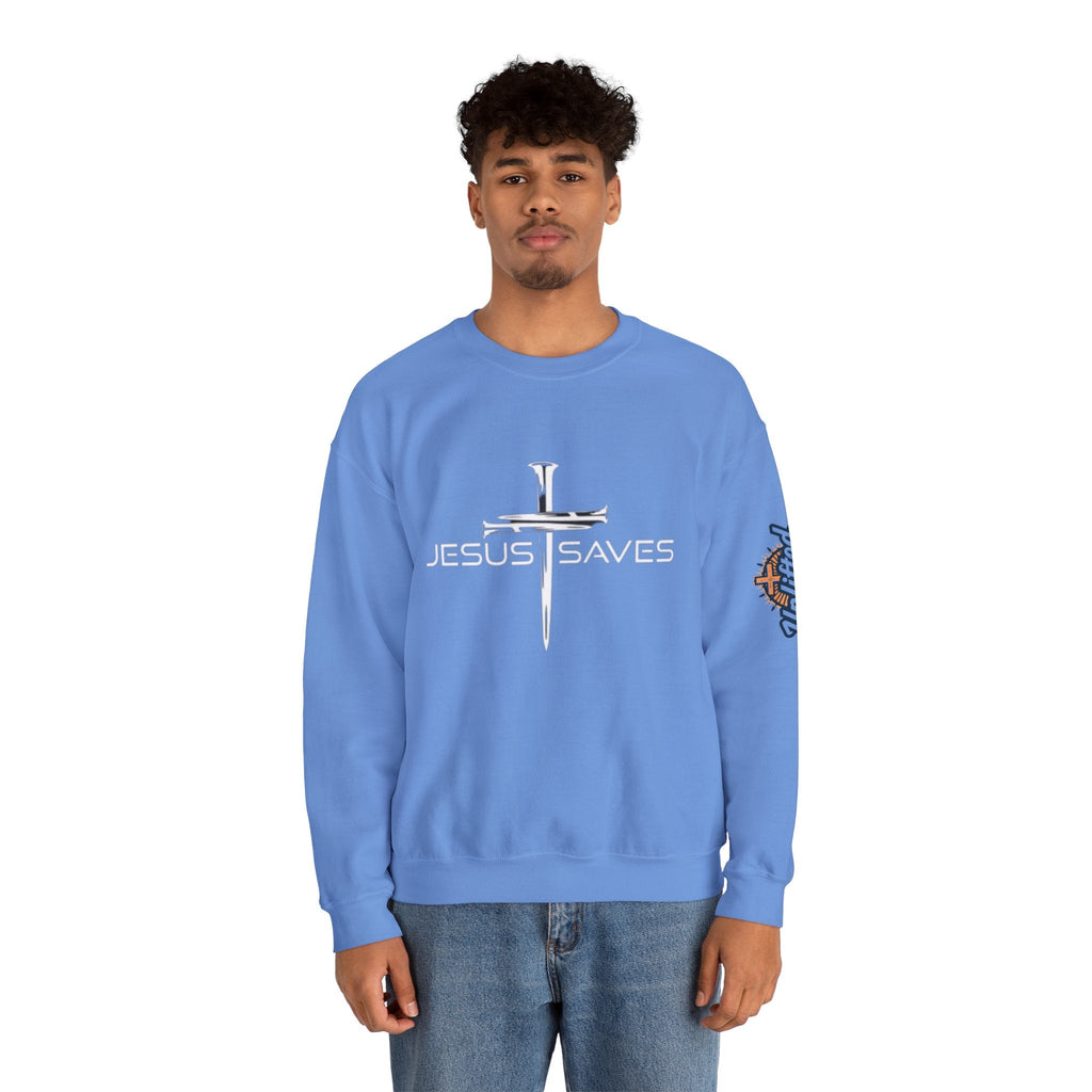 Jesus Saves Sweatshirt – 3 Nails Crucifix Cross Christian Sweatshirt for Redemption Faith & Bold Salvation Printify