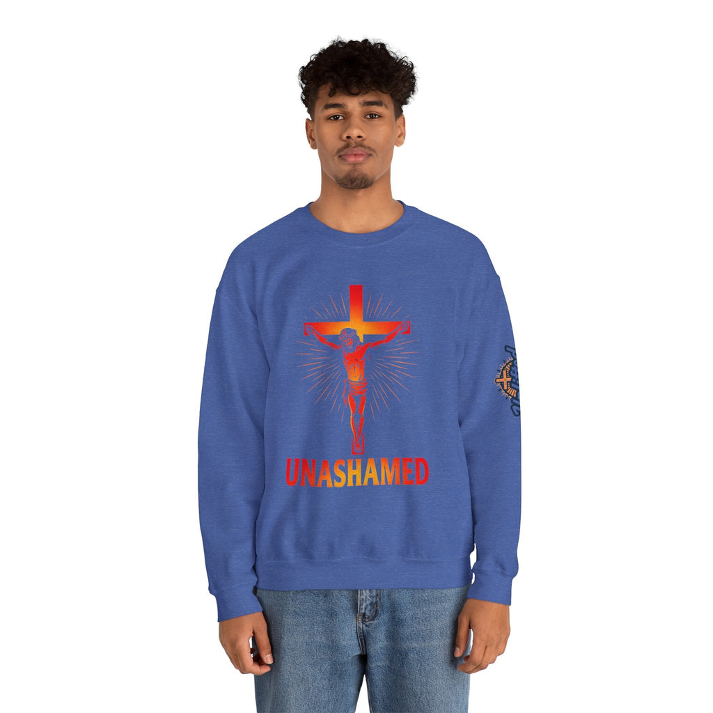 Unashamed Sweatshirt – Romans 1:16 Crucifixion Christian Sweatshirt for Bold Unwavering Faith Printify