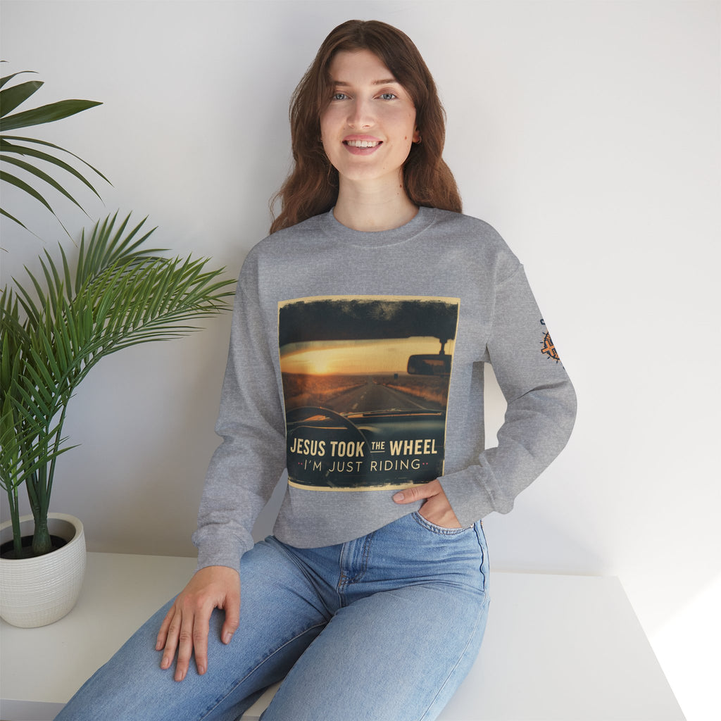 Jesus Took the Wheel I'm Just Riding Sweatshirt – Funny Christian Convertible Car Sweatshirt for Surrendered Faith & Humor