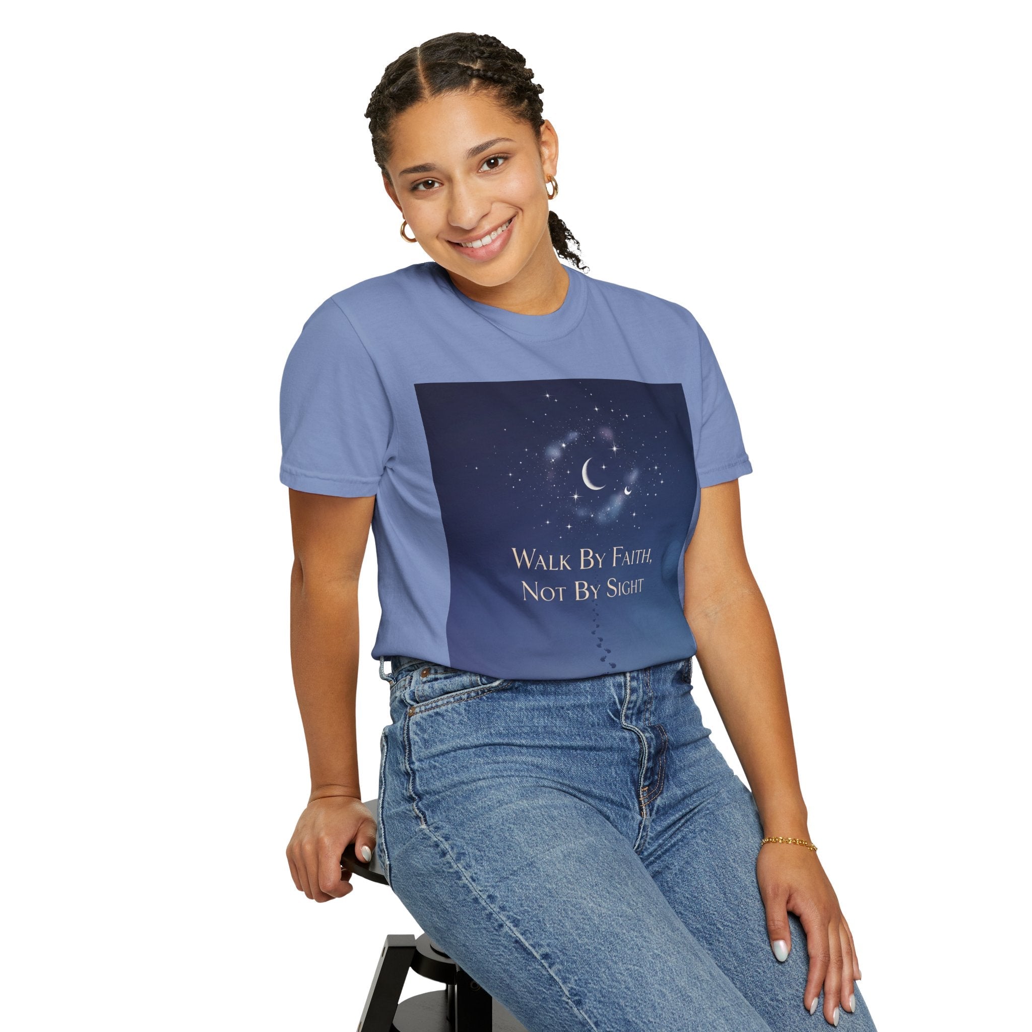 Walk by Faith, Not by Sight T-Shirt – Footprints in the Sand Christian Moonlit Tee Printify