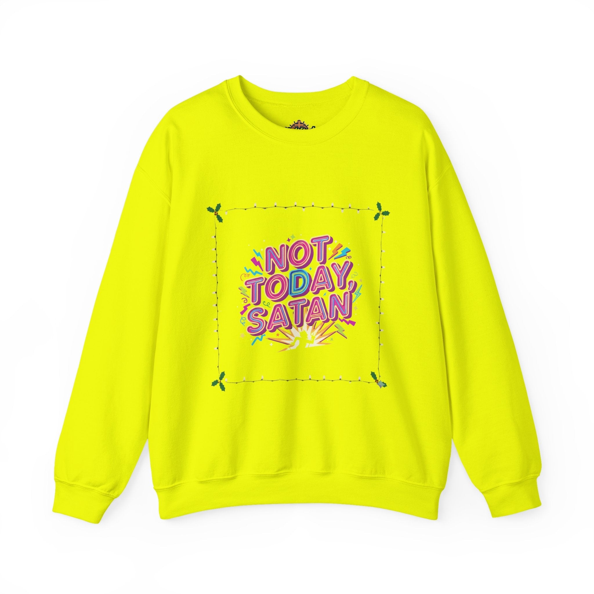 🔥 Not Today, Satan – Retro 90s Christian Sweatshirt | Neon Faith Tee | Funky Cartoon Devil | Bold Bible Verse Shirt | Uplifted Gear Printify