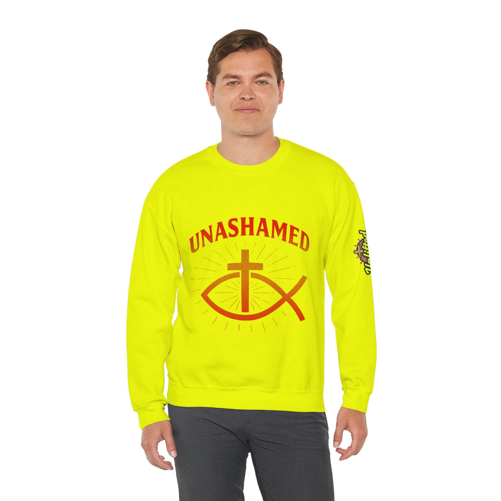 Unashamed Sweatshirt – Ichthys Jesus Fish & Cross Christian Sweatshirt for Romans 1:16 Bold Faith Printify