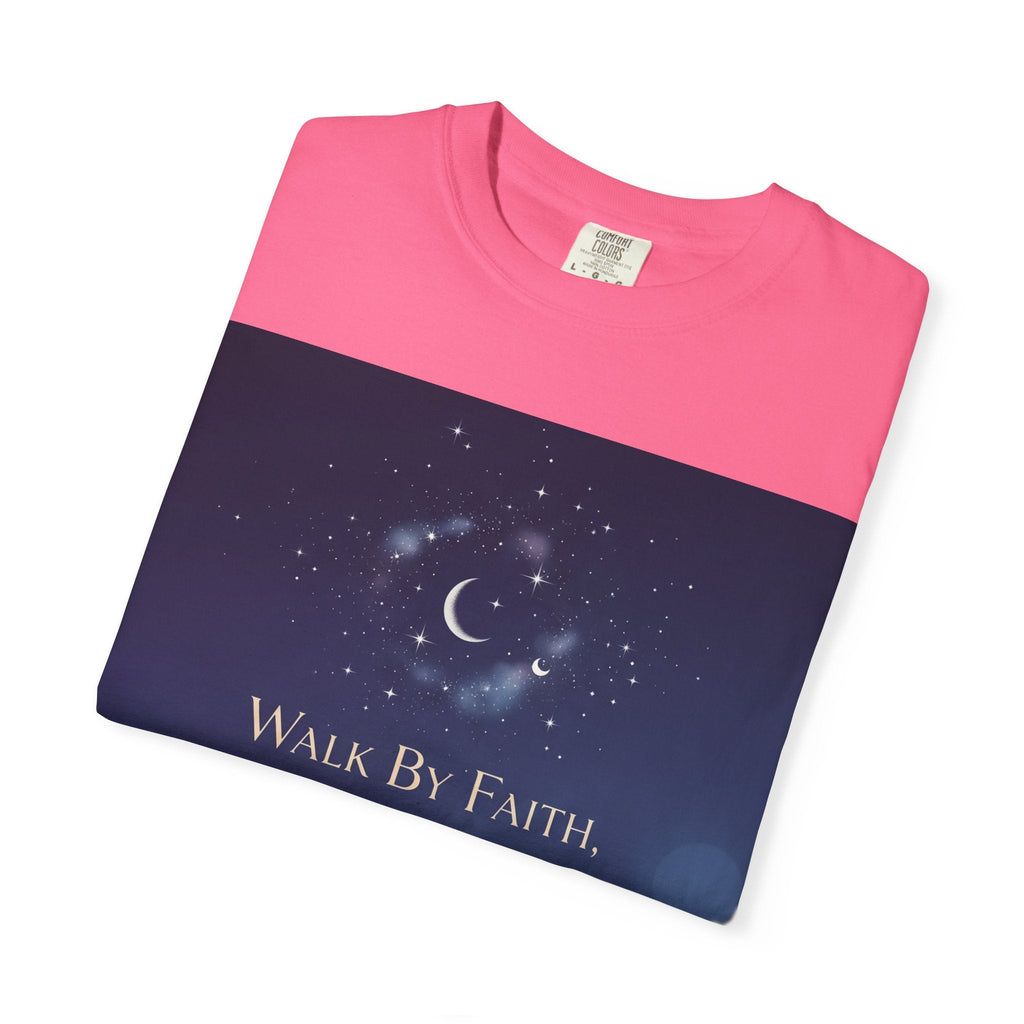 Walk by Faith, Not by Sight T-Shirt – Footprints in the Sand Christian Moonlit Tee Printify