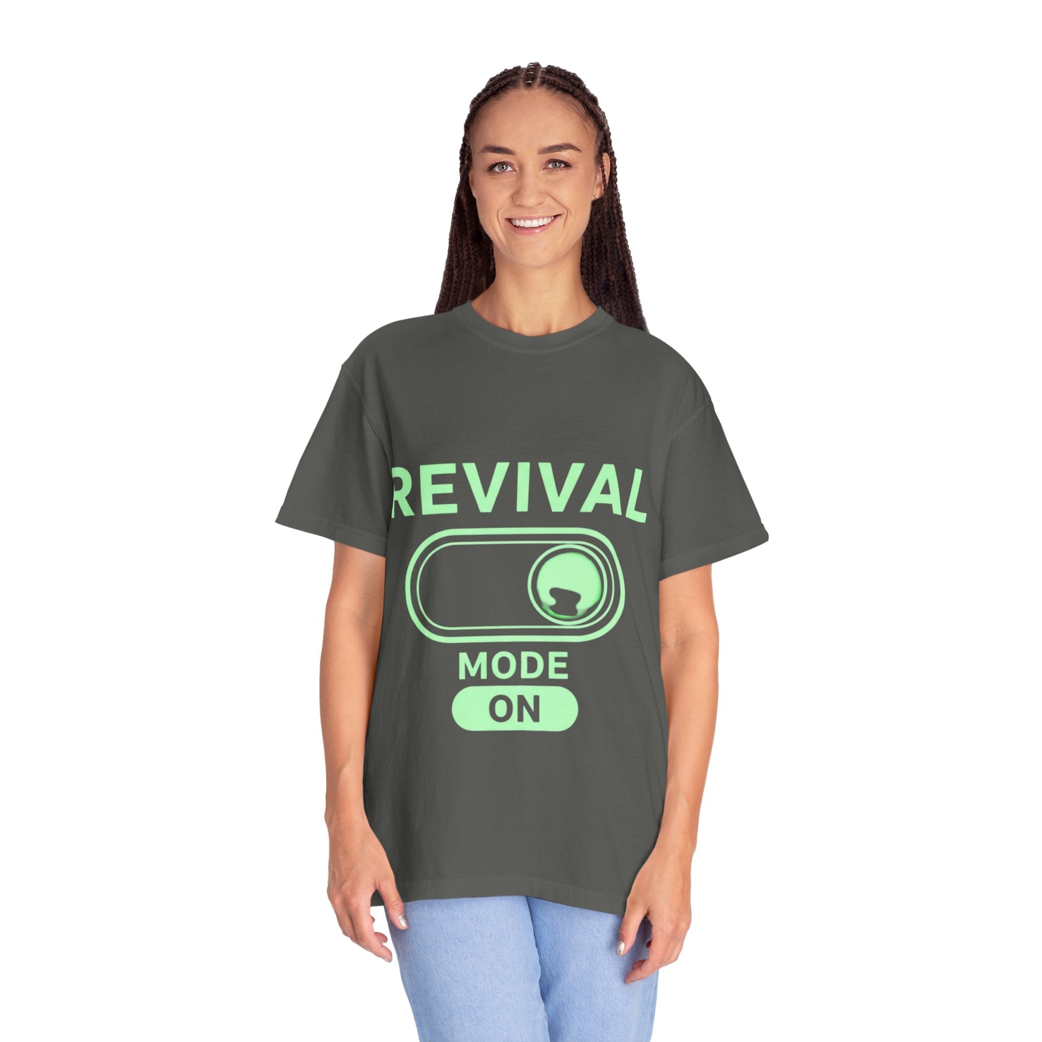 🔥 Revival Mode: ON – Christian Techwear T-Shirt | Glowing Green Faith Switch | Futuristic Jesus Shirt | Activate Your Spiritual Awakening | Uplifted Gear Printify