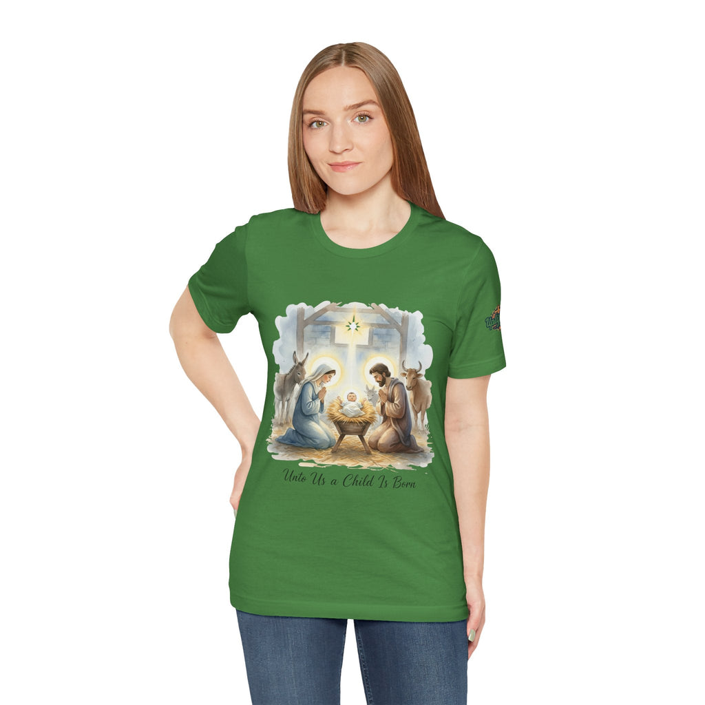 Unto Us a Child is Born T-shirt – Isaiah 9:6 Nativity Manger Scene Christian Christmas T-shirt for Holy Night Faith Printify