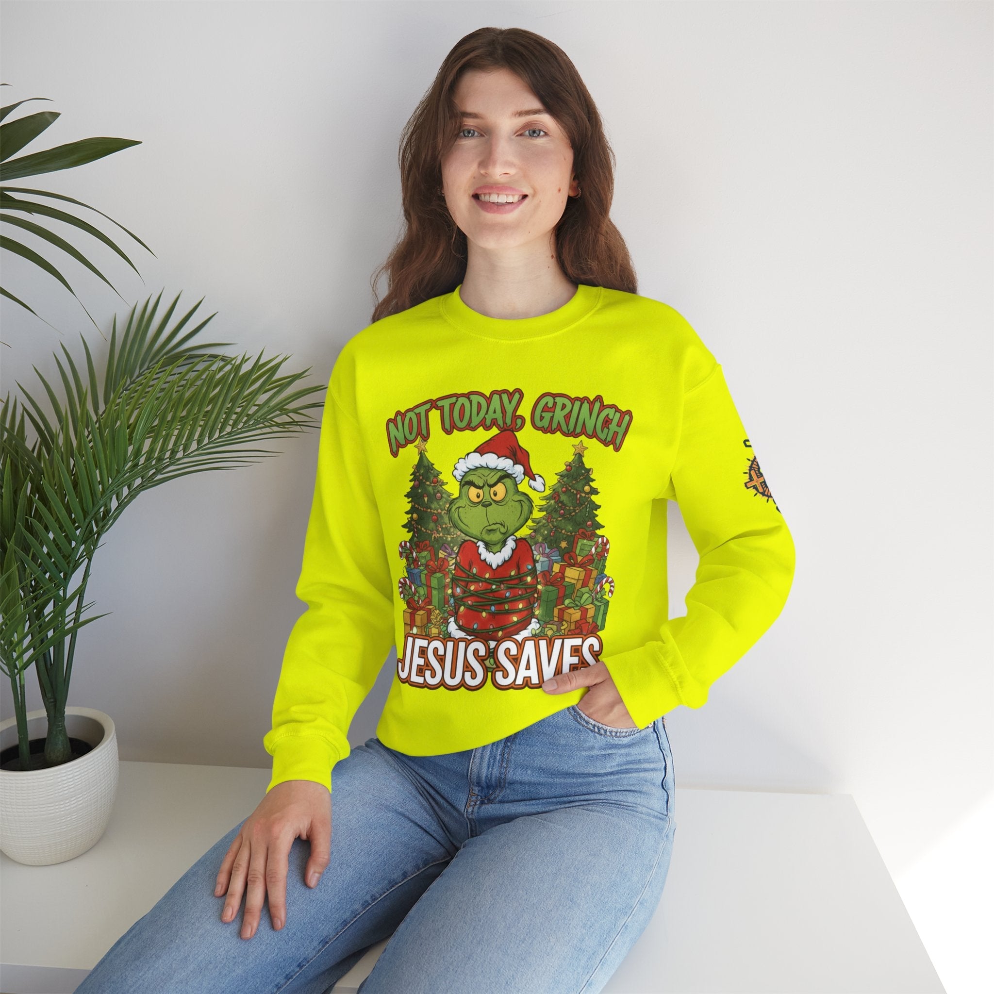 🎄 Not Today, Grinch – Jesus Saves | Funny Christian Christmas Sweatshirt | Sulking Grinch & Glowing Cross | Bold Neon Faith Tee by Uplifted Gear Printify