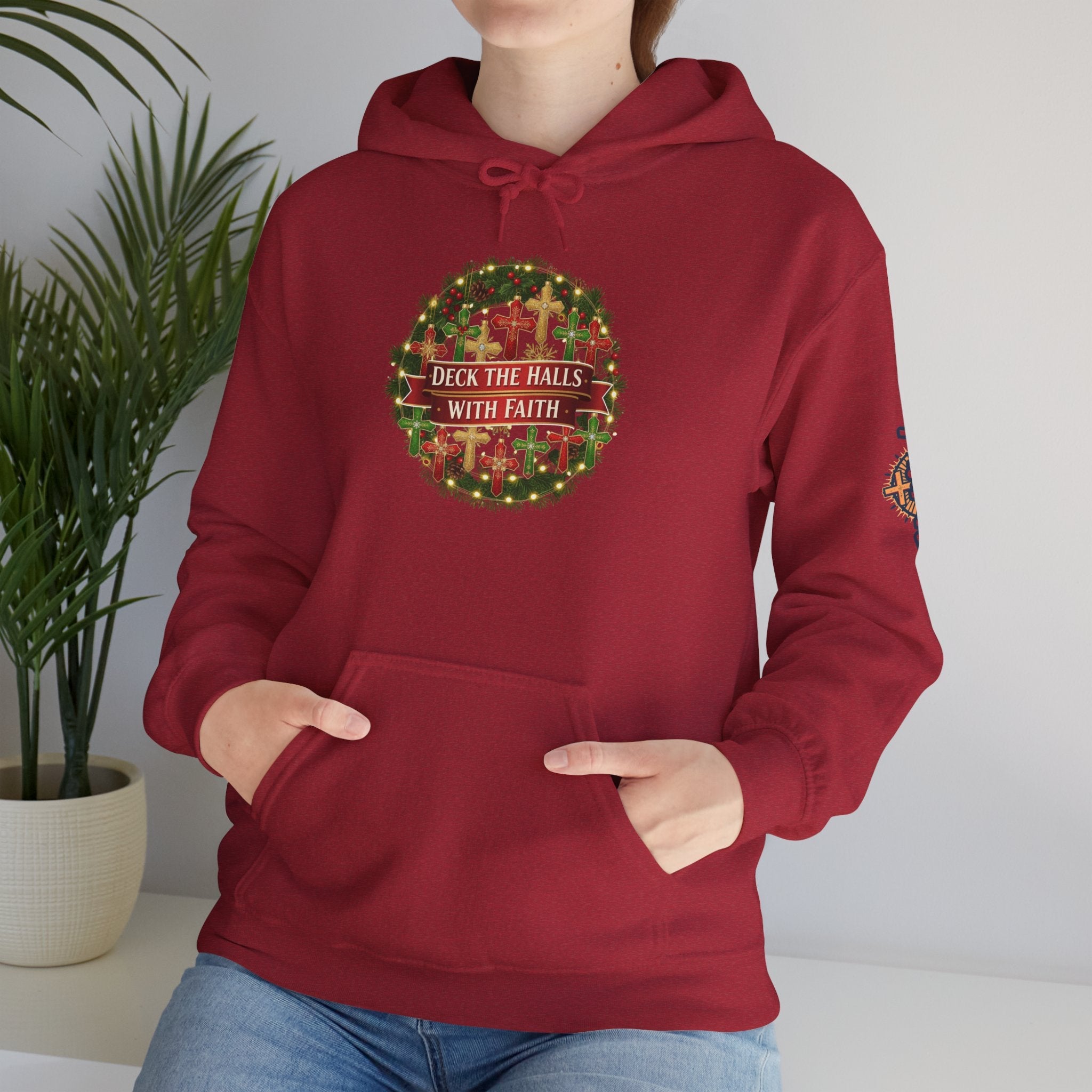 🎄 Deck the Halls with Faith – Christian Christmas Hoodie | Cross Ornament Design & Festive Garland | Bold Holiday Faith Tee by Uplifted Gear Printify