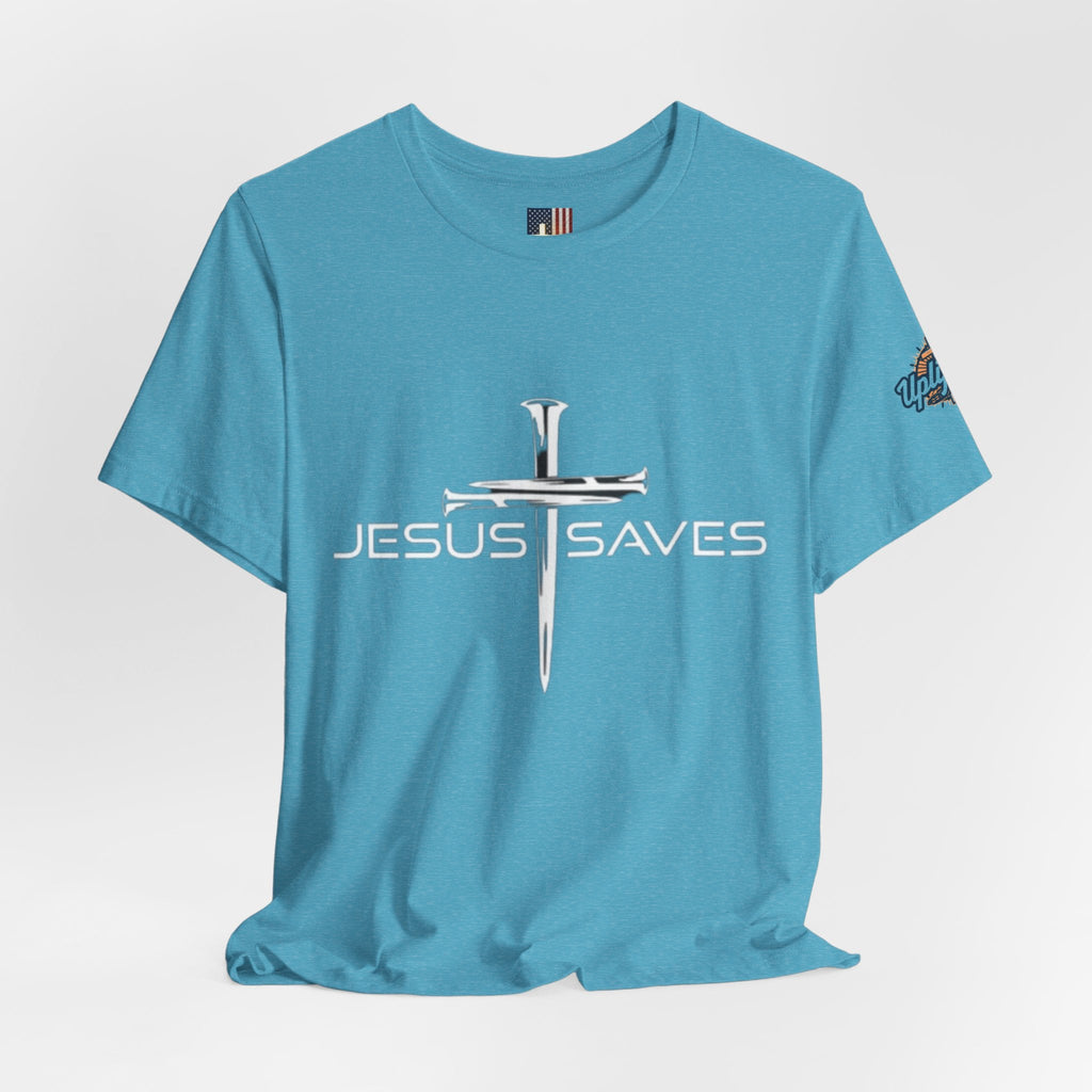 Jesus Saves T-shirt – 3 Nails Crucifix Cross Christian T-shirt for Redemption Faith & Bold Salvation Printify