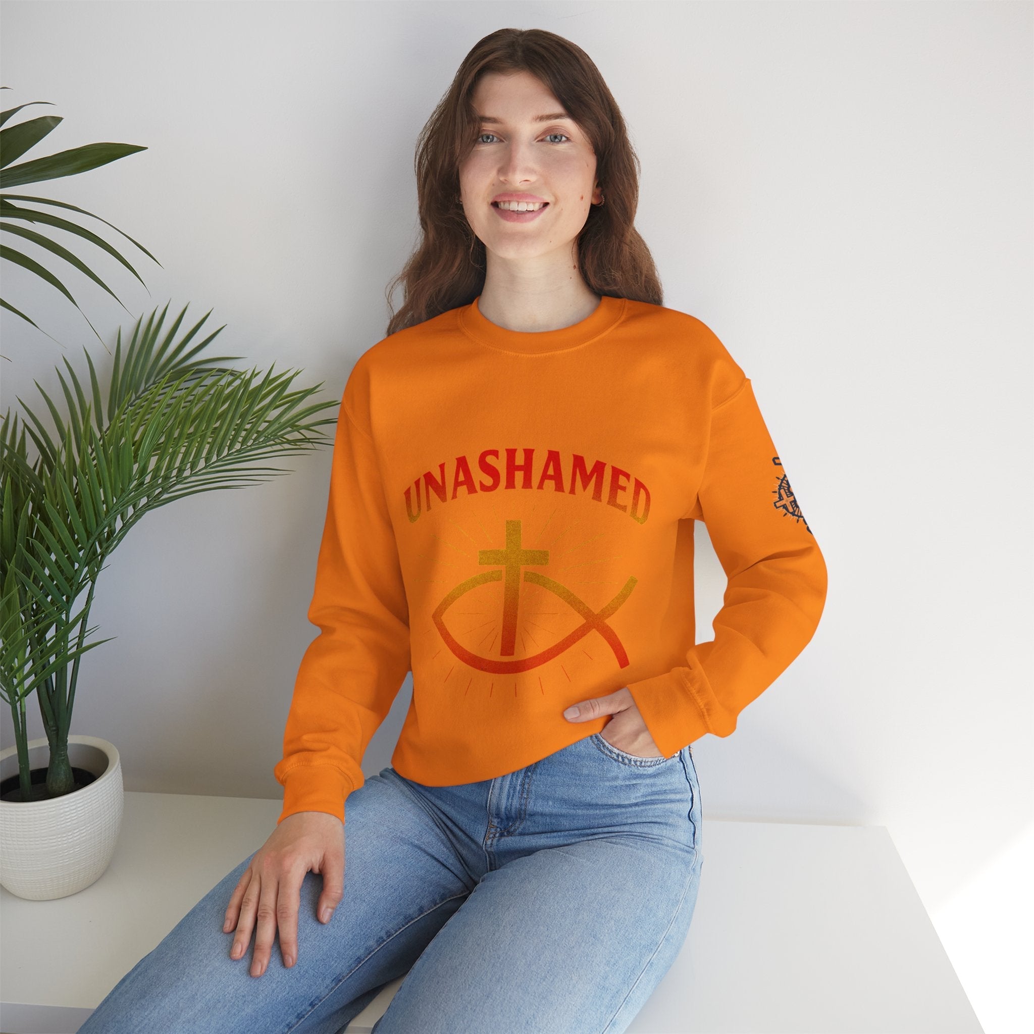 Unashamed Sweatshirt – Ichthys Jesus Fish & Cross Christian Sweatshirt for Romans 1:16 Bold Faith Printify