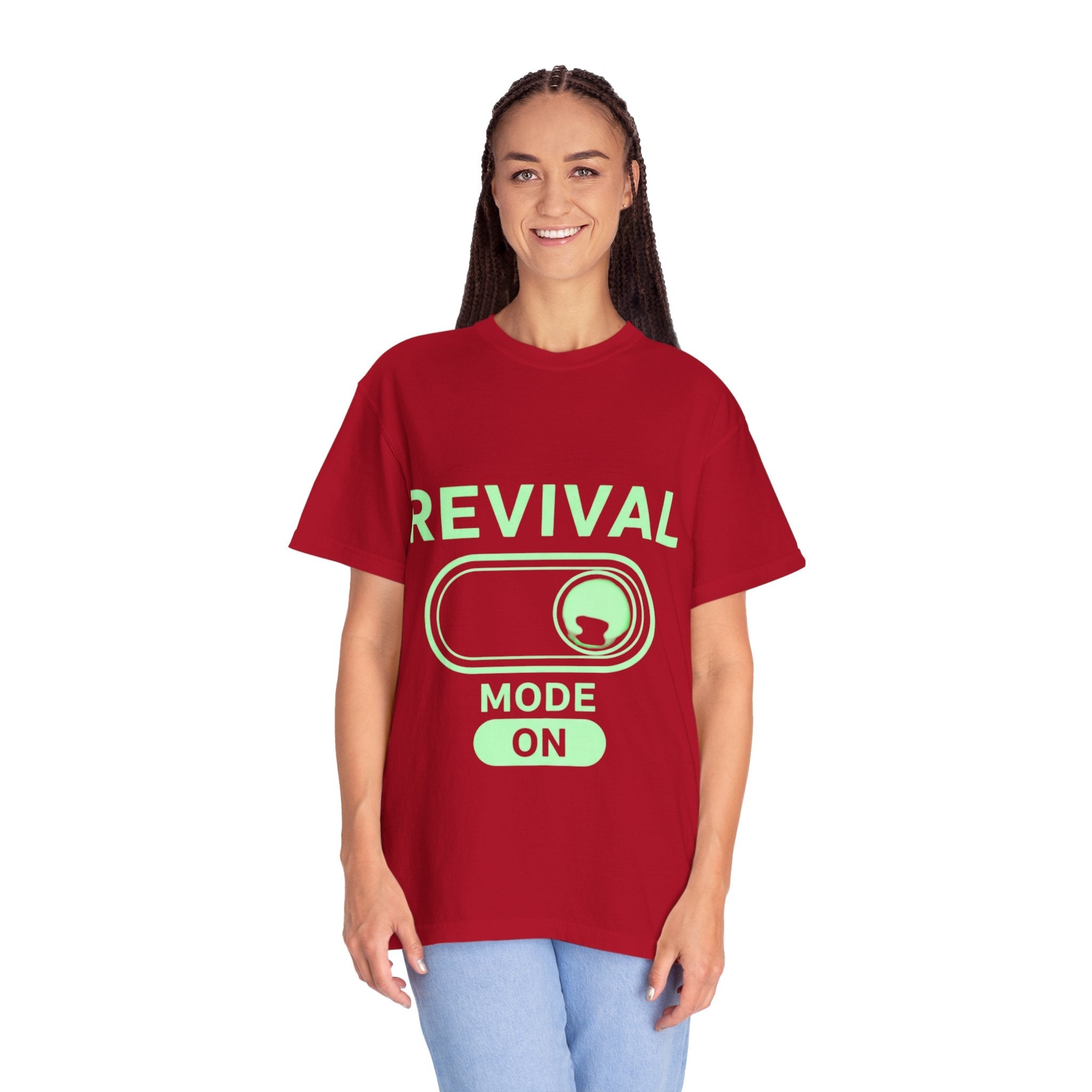 🔥 Revival Mode: ON – Christian Techwear T-Shirt | Glowing Green Faith Switch | Futuristic Jesus Shirt | Activate Your Spiritual Awakening | Uplifted Gear Printify
