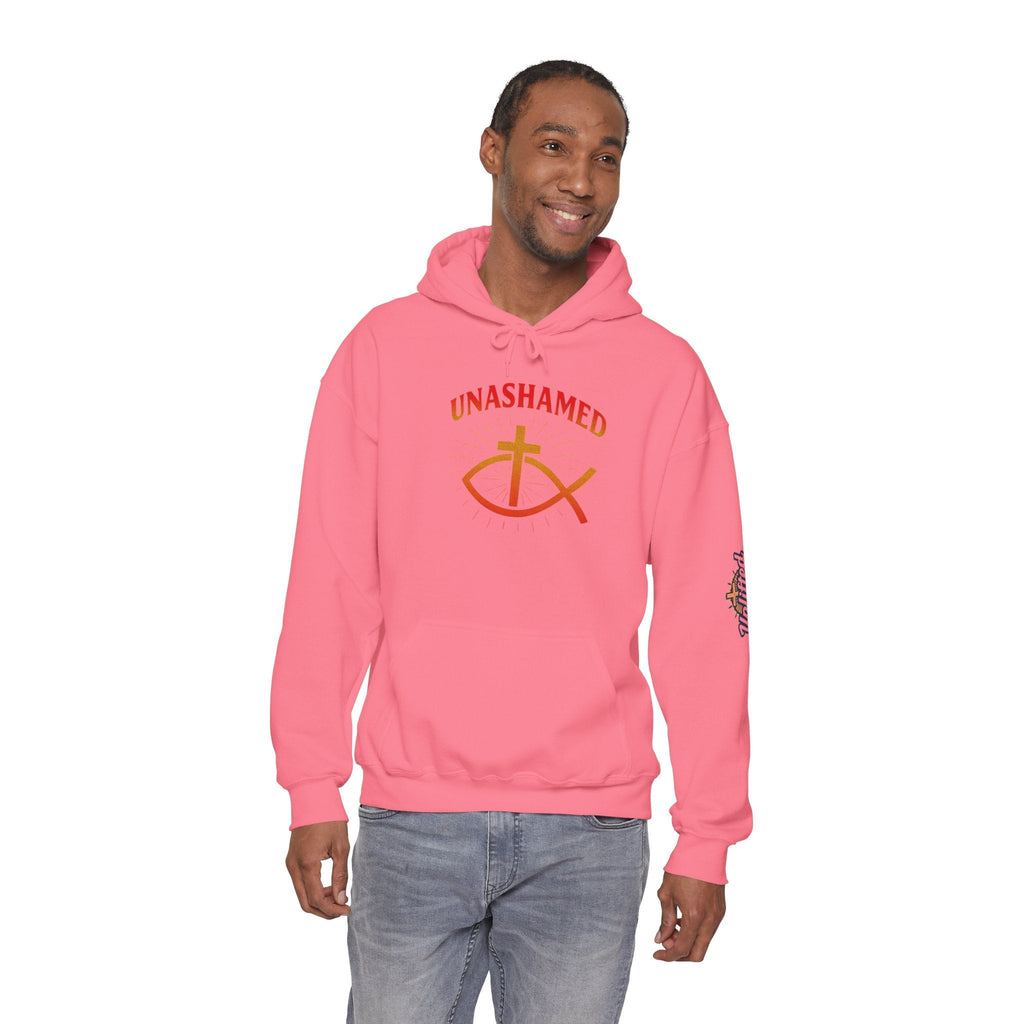 Unashamed Hoodie – Ichthys Jesus Fish & Cross Christian Sweatshirt for Romans 1:16 Bold Faith Printify
