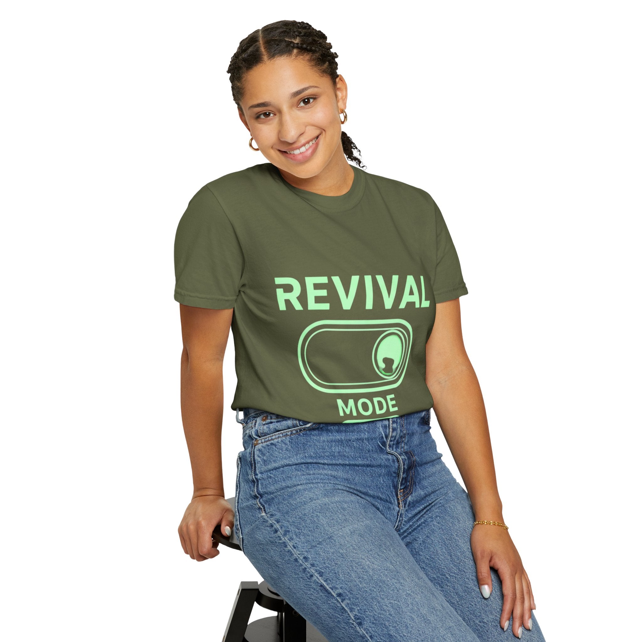 🔥 Revival Mode: ON – Christian Techwear T-Shirt | Glowing Green Faith Switch | Futuristic Jesus Shirt | Activate Your Spiritual Awakening | Uplifted Gear Printify