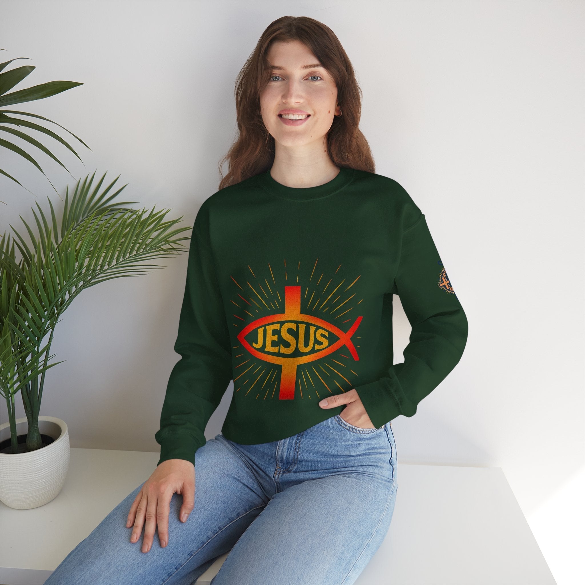 Jesus Ichthys Sweatshirt – Christian Fish Symbol with Cross & Jesus Inscription Sweatshirt for Eternal Faith & Streetwear Printify