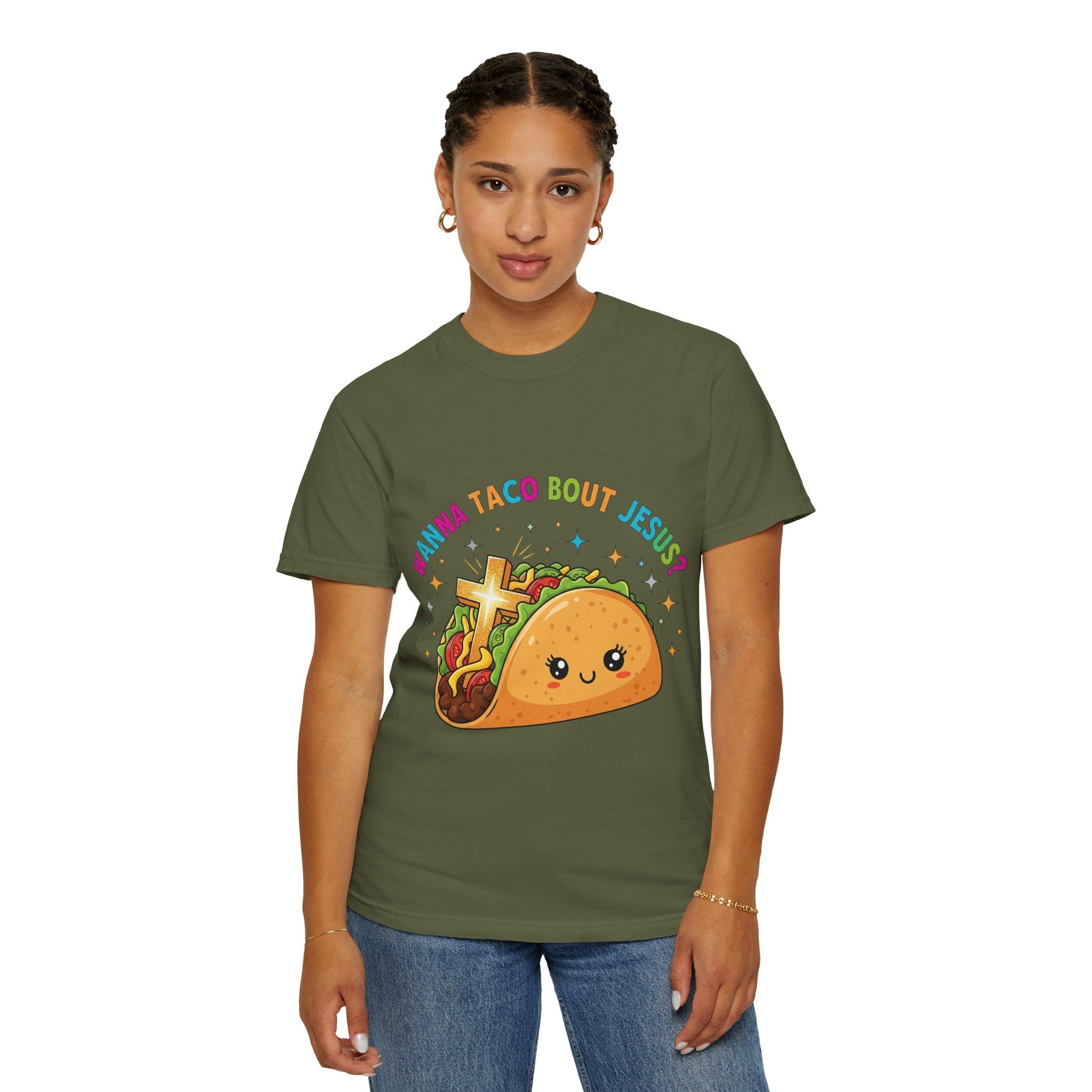 Wanna Taco 'Bout Jesus? Funny Christian Pun T-Shirt – Lettuce Pray & Share Faith! Printify