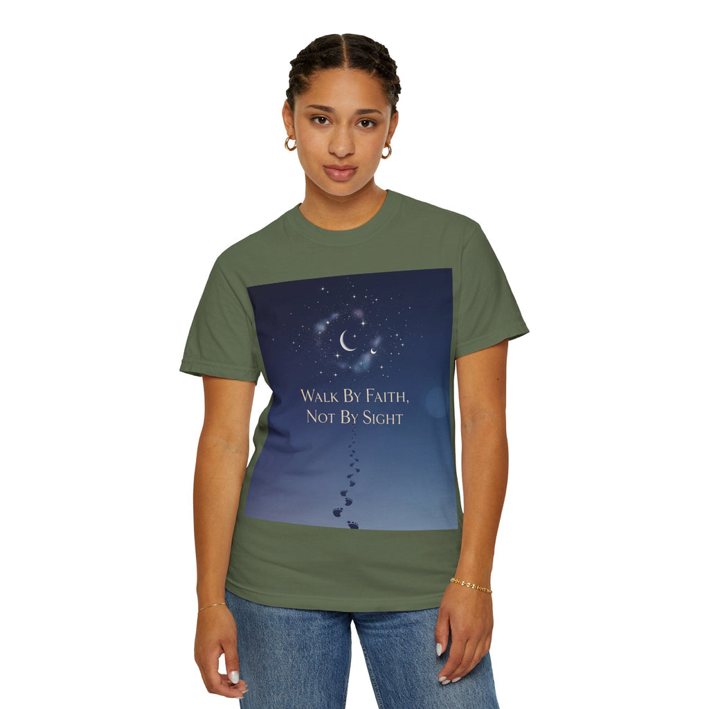 Walk by Faith, Not by Sight T-Shirt – Footprints in the Sand Christian Moonlit Tee Printify