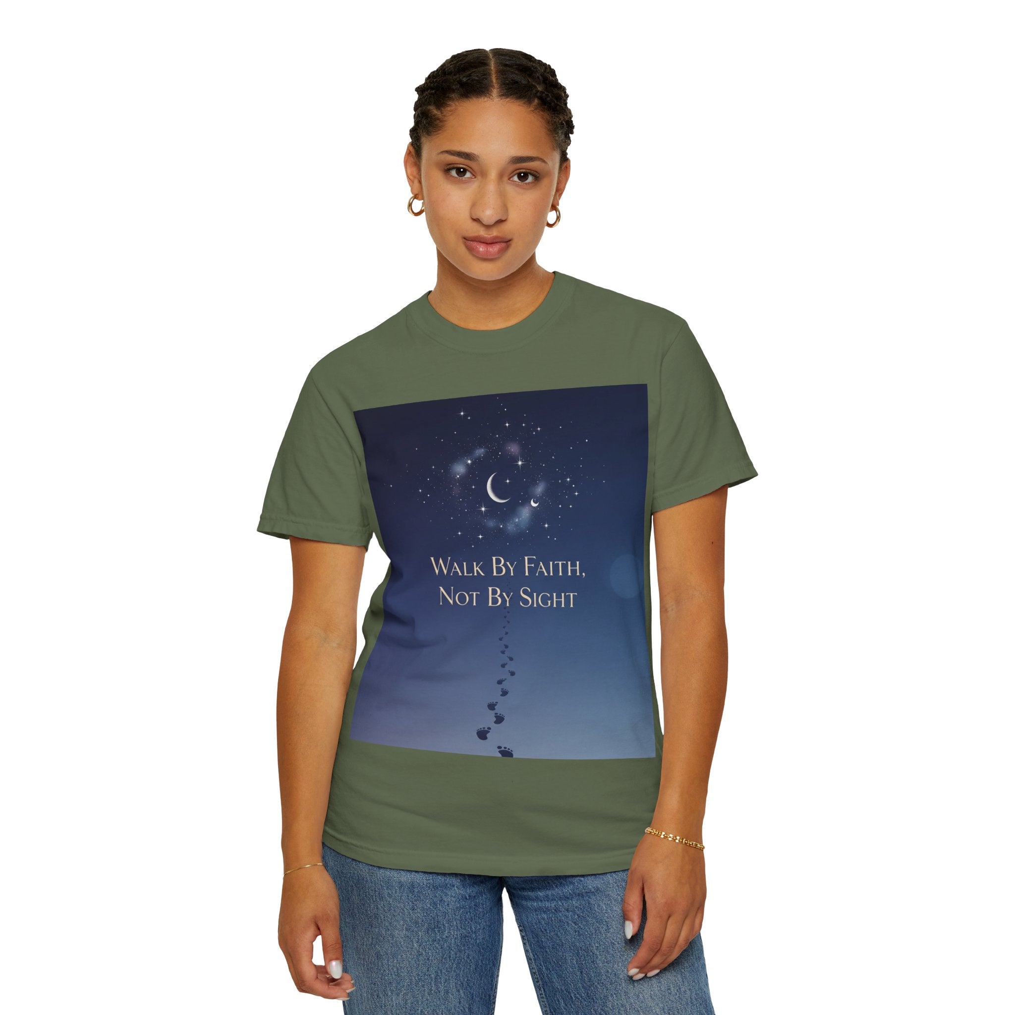 Walk by Faith, Not by Sight T-Shirt – Footprints in the Sand Christian Moonlit Tee Printify