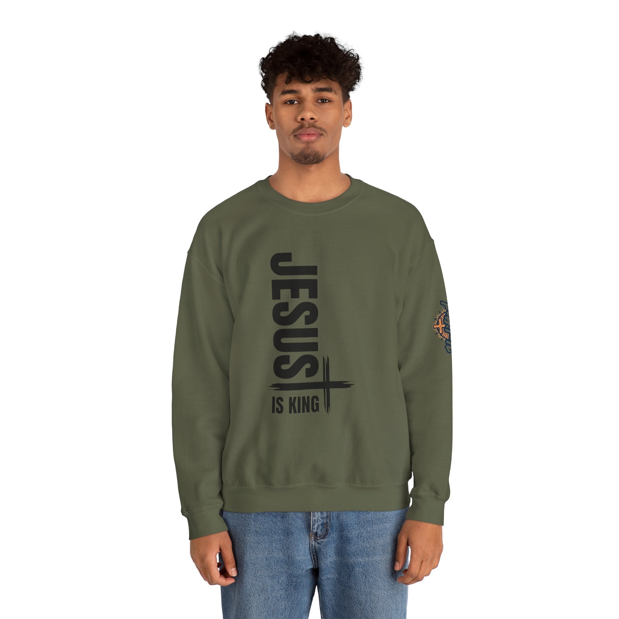 Jesus Is King Sweatshirt | Modern Typographic Cross Christian Sweatshirt Printify
