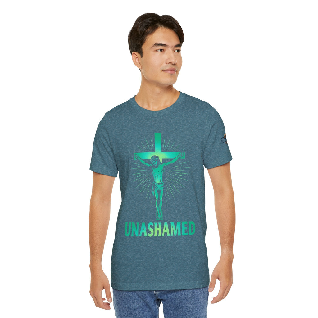 Unashamed T-shirt – Romans 1:16 Crucifixion Christian t-shirt for Bold Unwavering Faith Printify