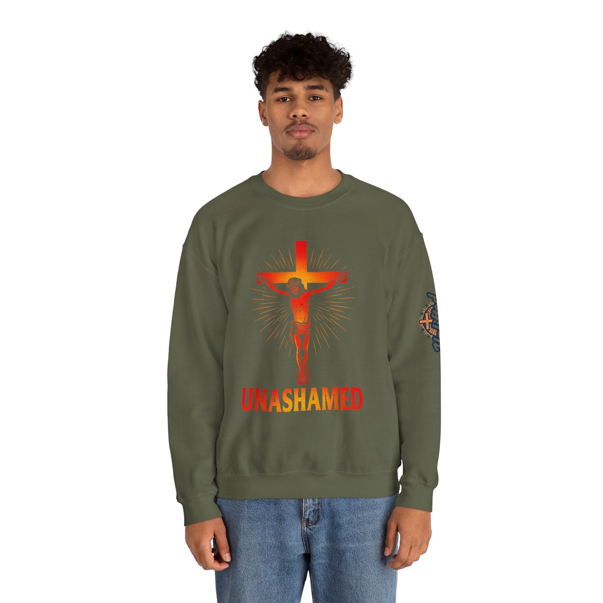 Unashamed Sweatshirt – Romans 1:16 Crucifixion Christian Sweatshirt for Bold Unwavering Faith Printify