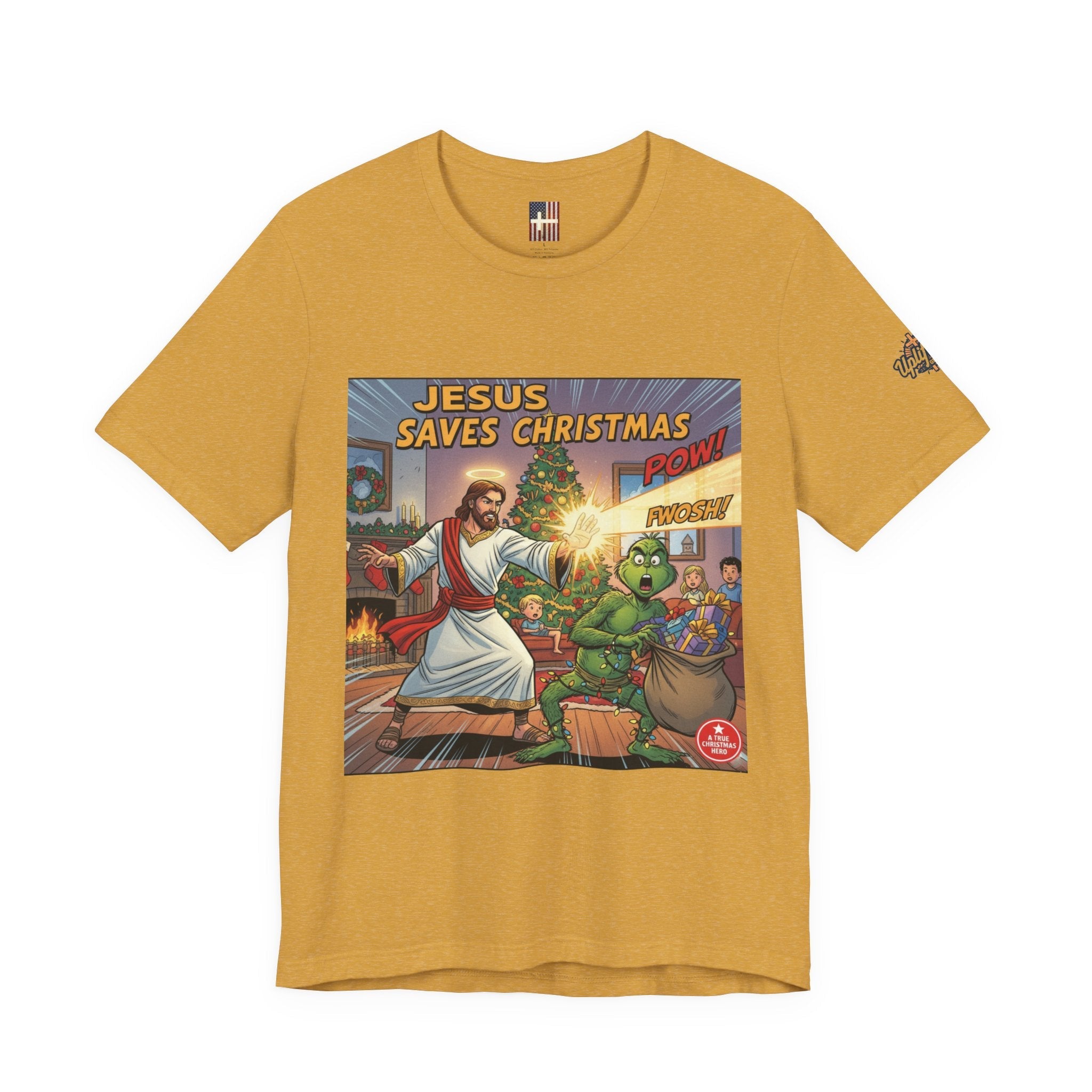 Jesus Saves Christmas T-shirt – Grinch vs Savior Light Battle Christian T-shirt for Hilarious Holiday Faith & True Joy Printify