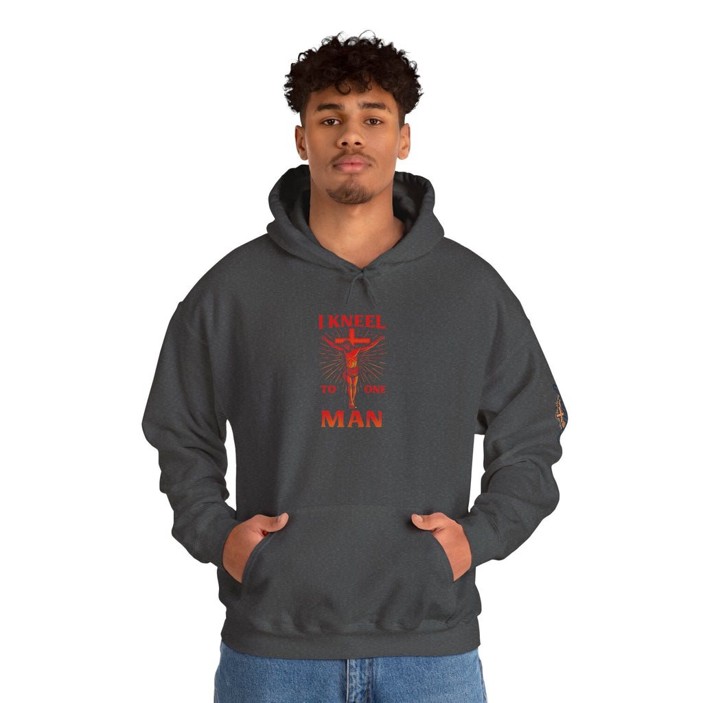 I Kneel to One Man Hoodie – Crucifixion Christian Sweatshirt for Unashamed Devotion & Bold Faith Printify