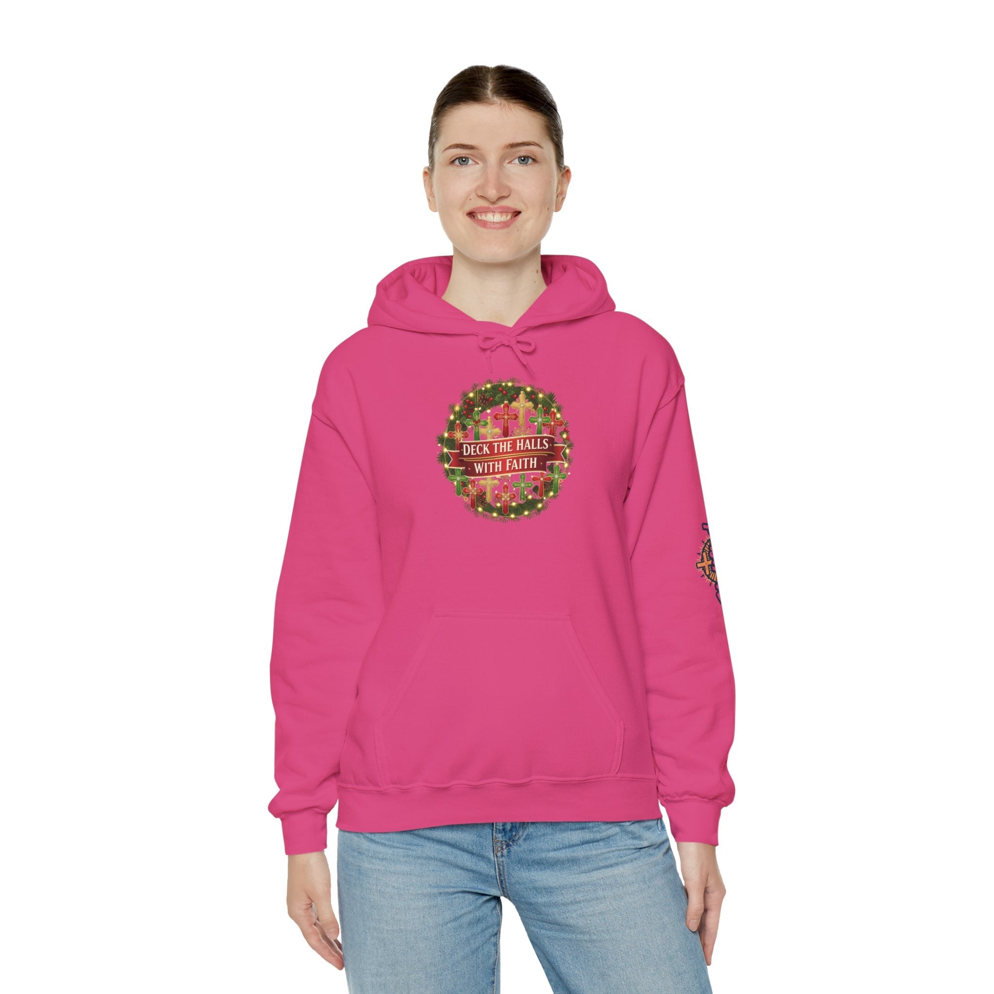 🎄 Deck the Halls with Faith – Christian Christmas Hoodie | Cross Ornament Design & Festive Garland | Bold Holiday Faith Tee by Uplifted Gear Printify