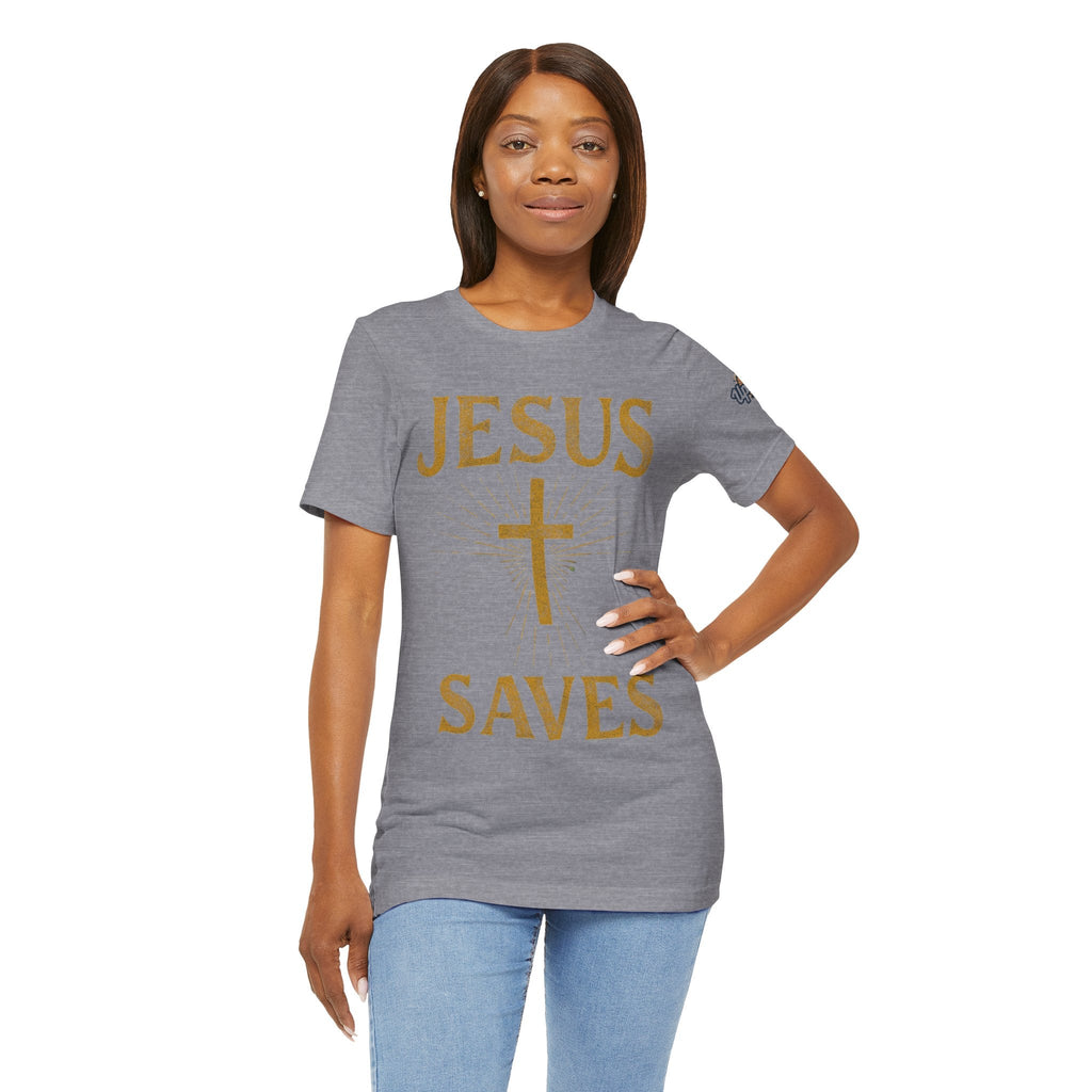 Jesus Saves T-shirt – Radiant Cross & Rays of Light Christian T-shirt for Eternal Hope & Faith Printify