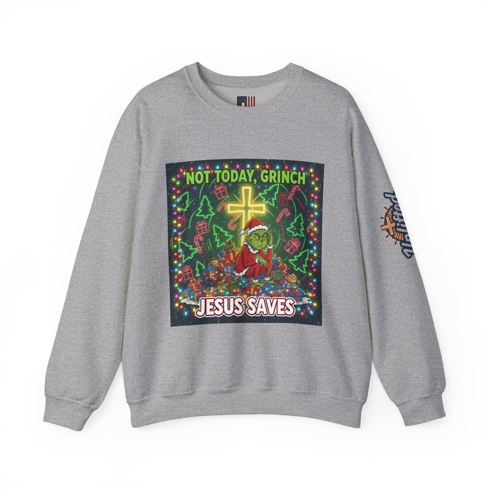 🎄 Not Today, Grinch – Jesus Saves | Funny Christian Christmas Sweatshirt | Festive Green & Red Cartoon Style | Bold Faith Holiday Tee by Uplifted Gear Printify