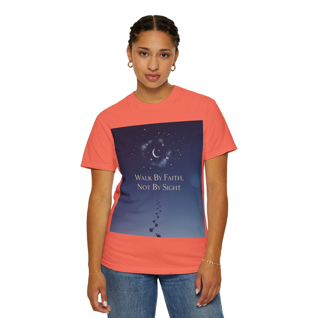 Walk by Faith, Not by Sight T-Shirt – Footprints in the Sand Christian Moonlit Tee Printify
