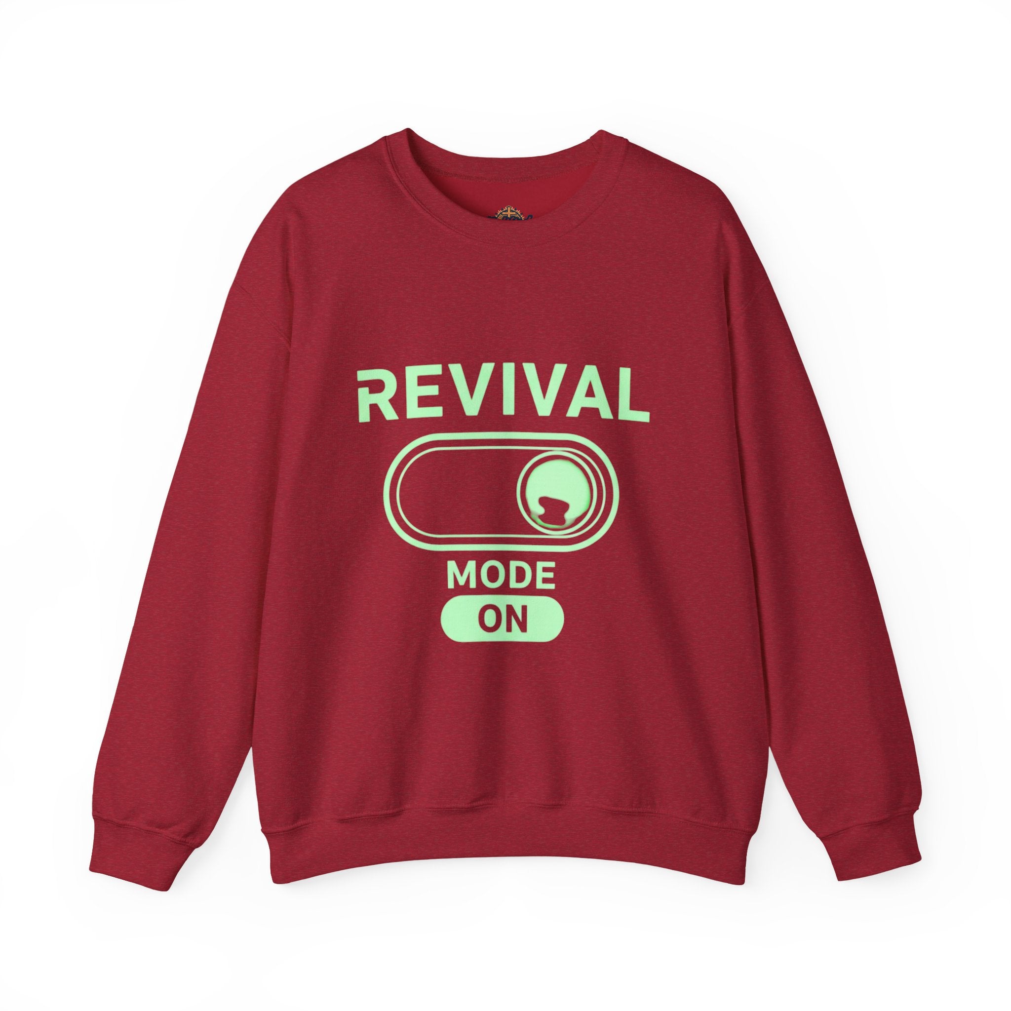 🔥 Revival Mode: ON – Christian Techwear Sweatshirt | Glowing Green Faith Switch | Futuristic Jesus Shirt | Activate Your Spiritual Awakening | Uplifted Gear Printify