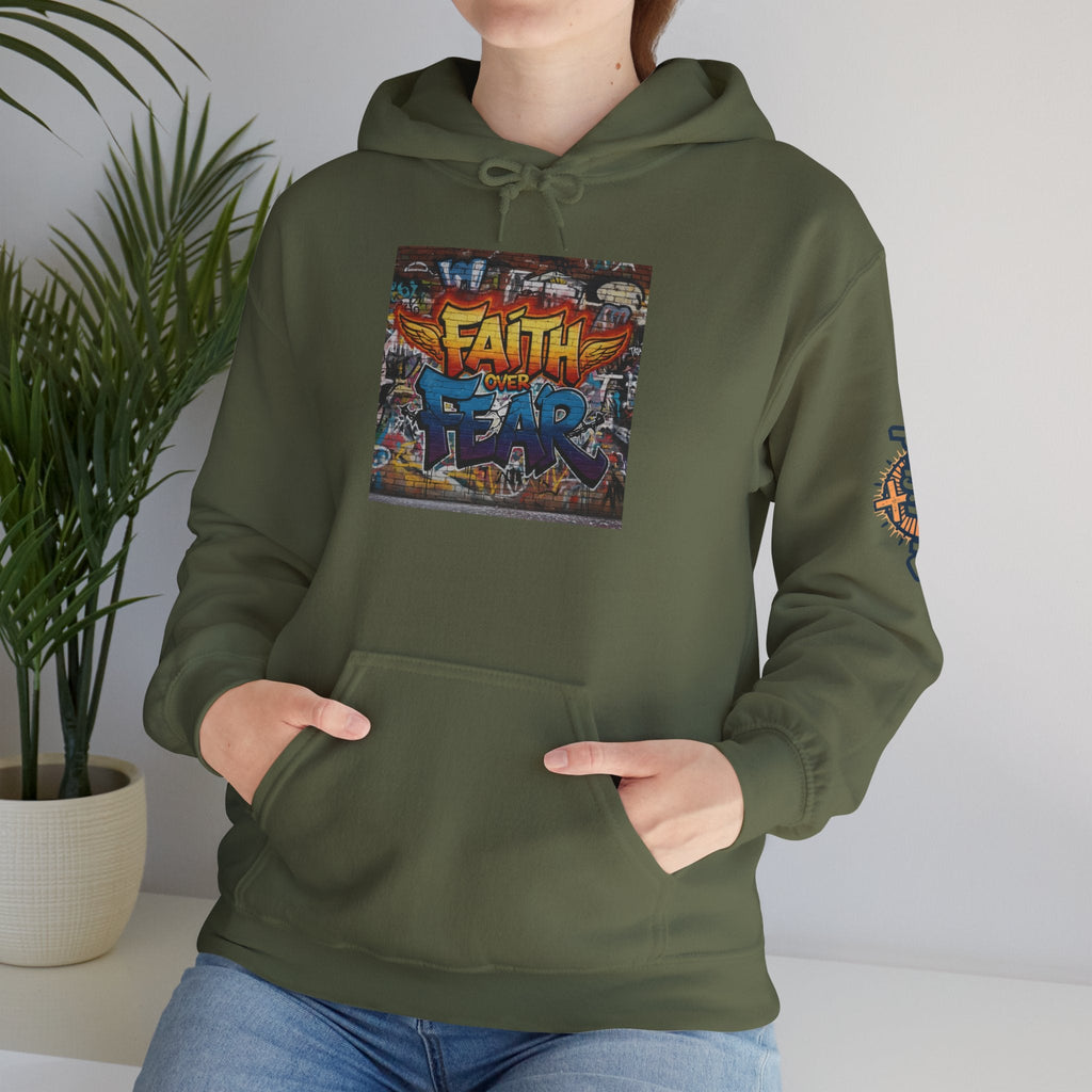 Faith Over Fear Hoodie – Graffiti Wall Christian Sweatshirt for Bold 2 Corinthians 5:7 Streetwear & Unshakable Faith Printify