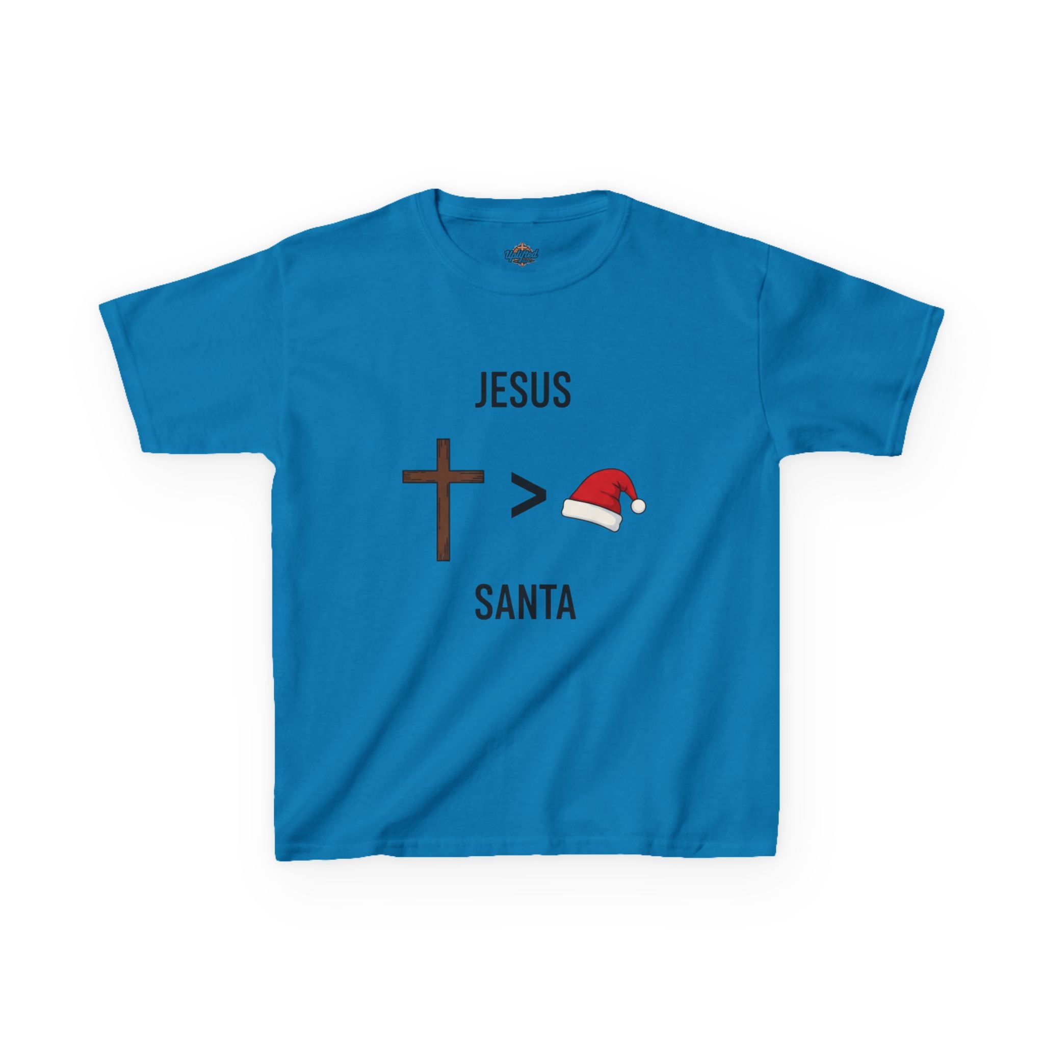 🎄 Jesus > Santa – Minimalist Christian Christmas Kids T-Shirt | Bold Faith Over Holiday Tee | Cross vs Santa Hat Design | Uplifted Gear Printify